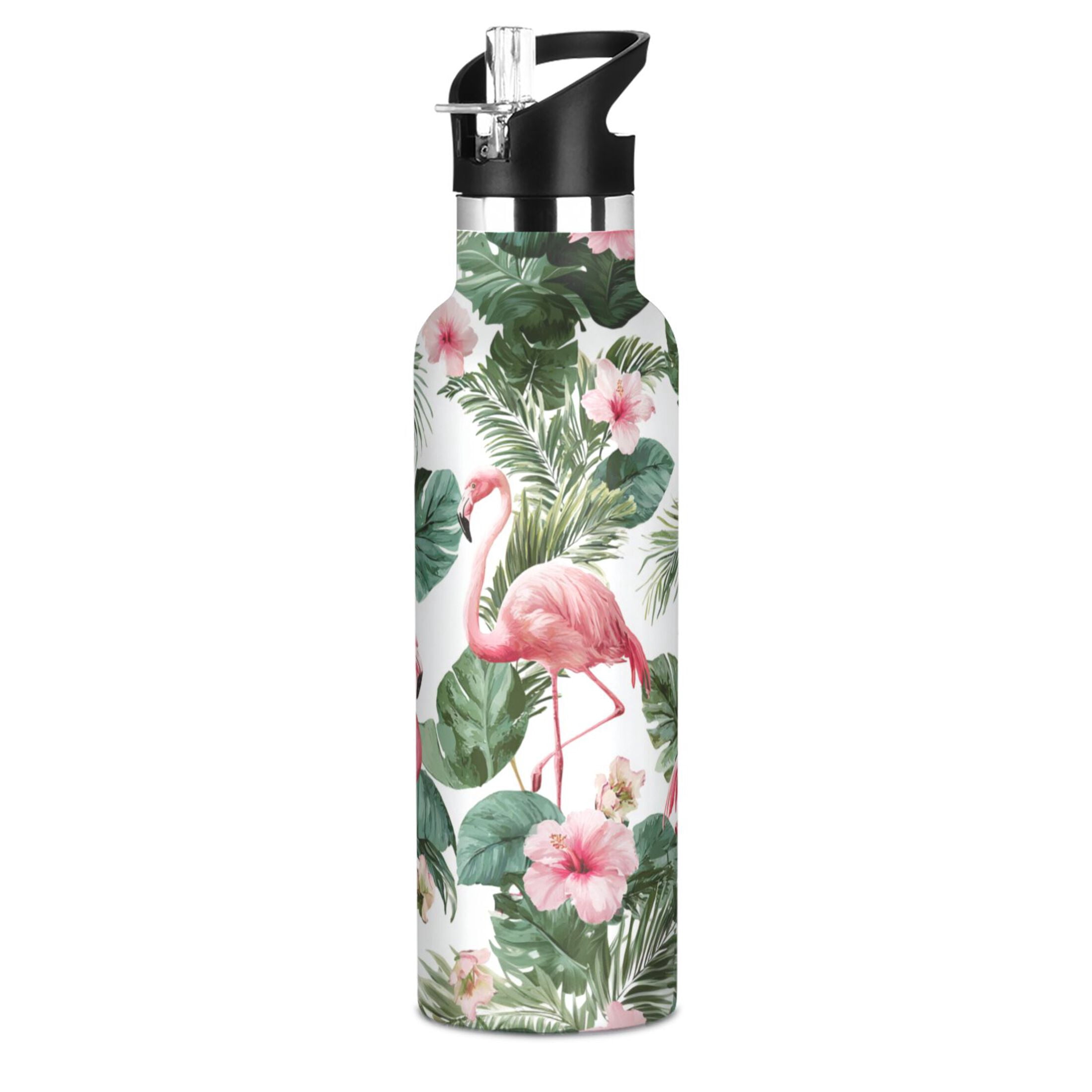 Kids Insulated Stainless Steel Sports Water Bottle 600ml (20oz) Flamingo and Tropical Leaves