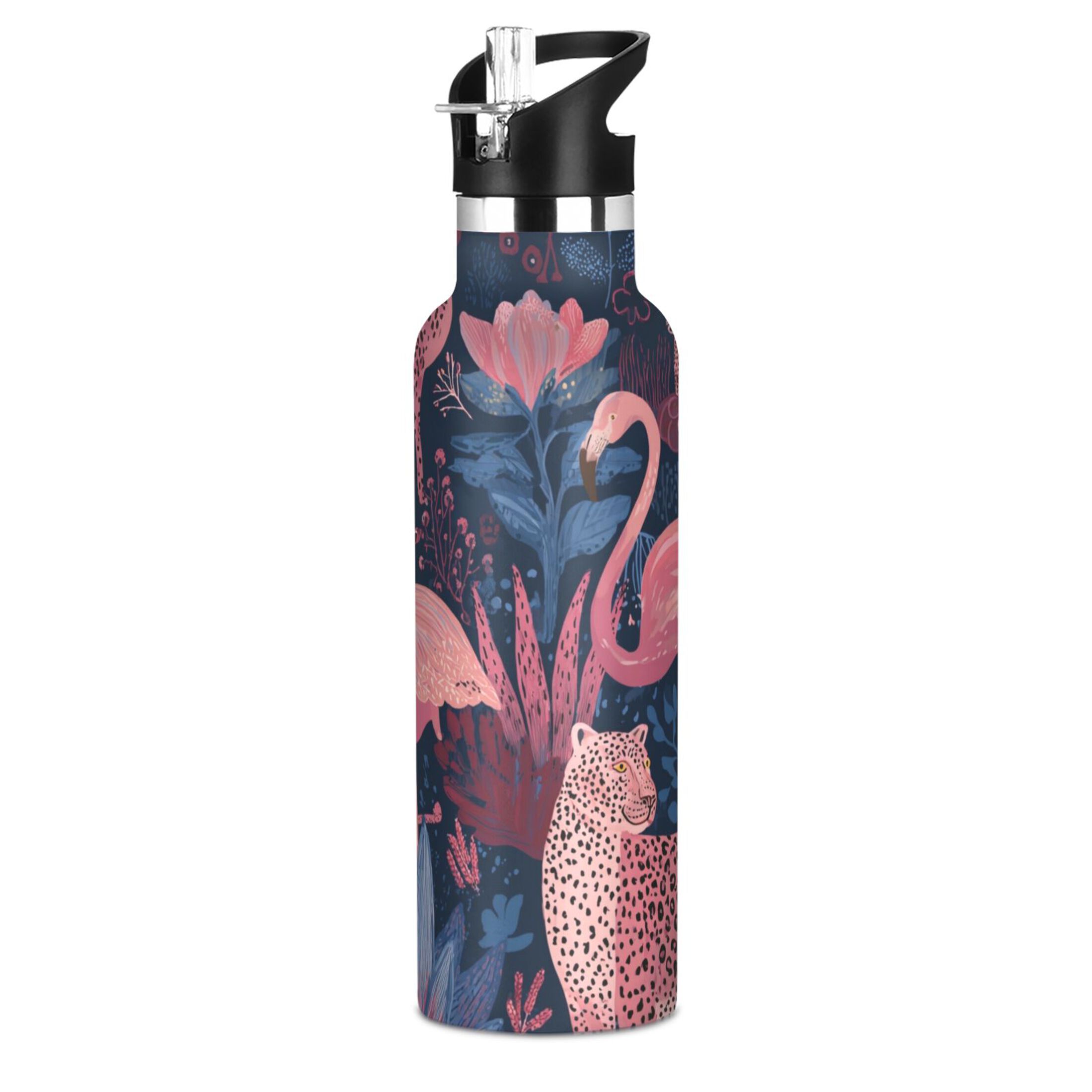 Kids Insulated Stainless Steel Sports Water Bottle 600ml (20oz) Flamingos and Leopard Print