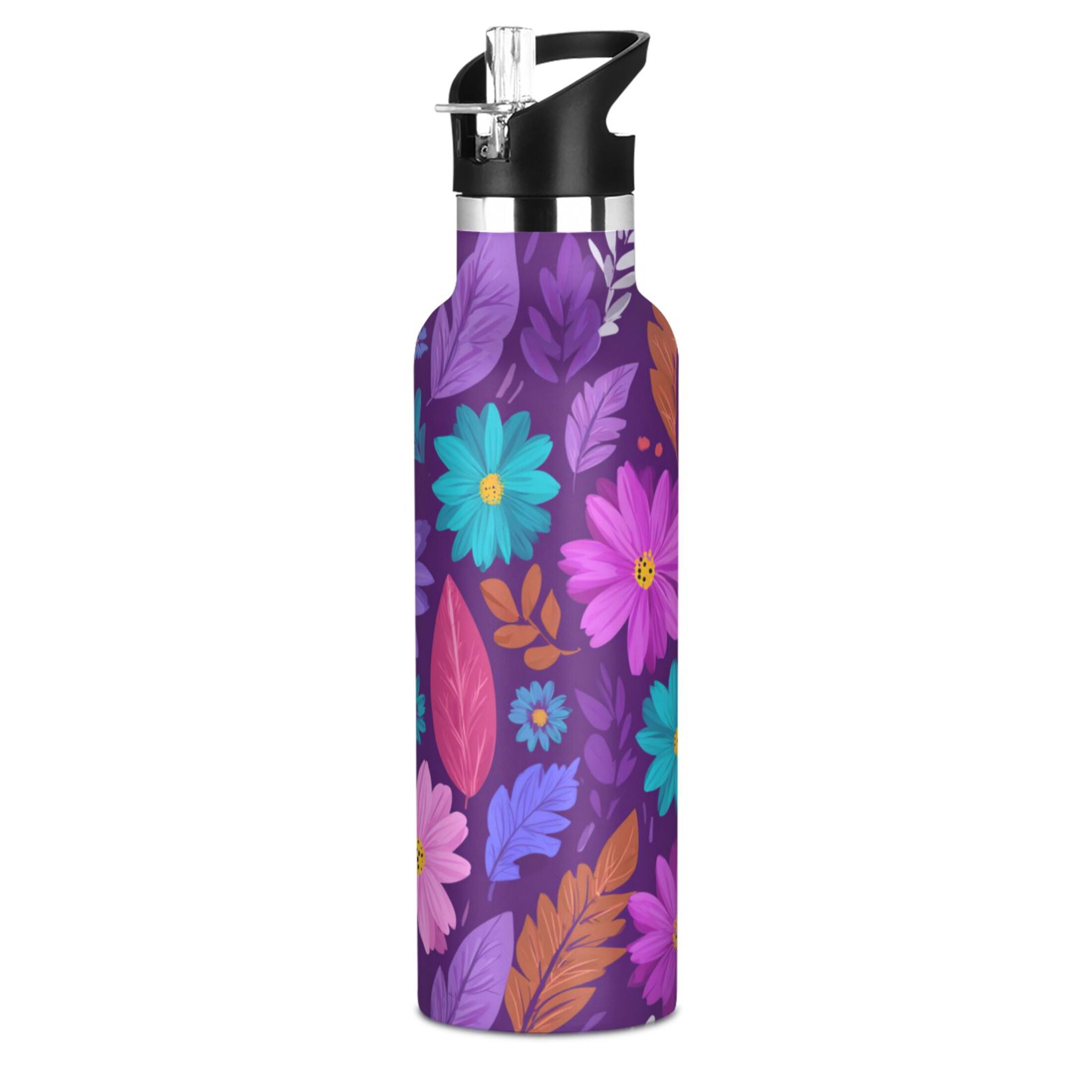 Kids Insulated Stainless Steel Sports Water Bottle 600ml (20oz) Flowers and Leaves