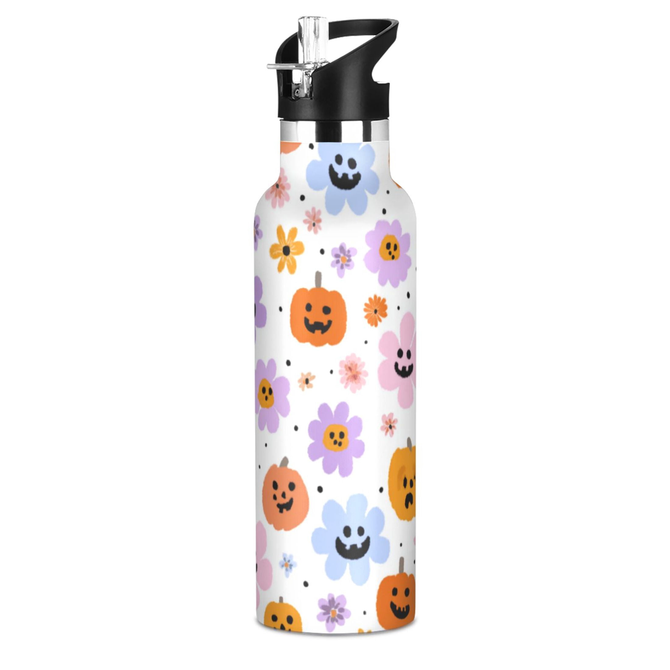 Kids Insulated Stainless Steel Sports Water Bottle 600ml (20oz) Flowers and Smiling Pumpkins