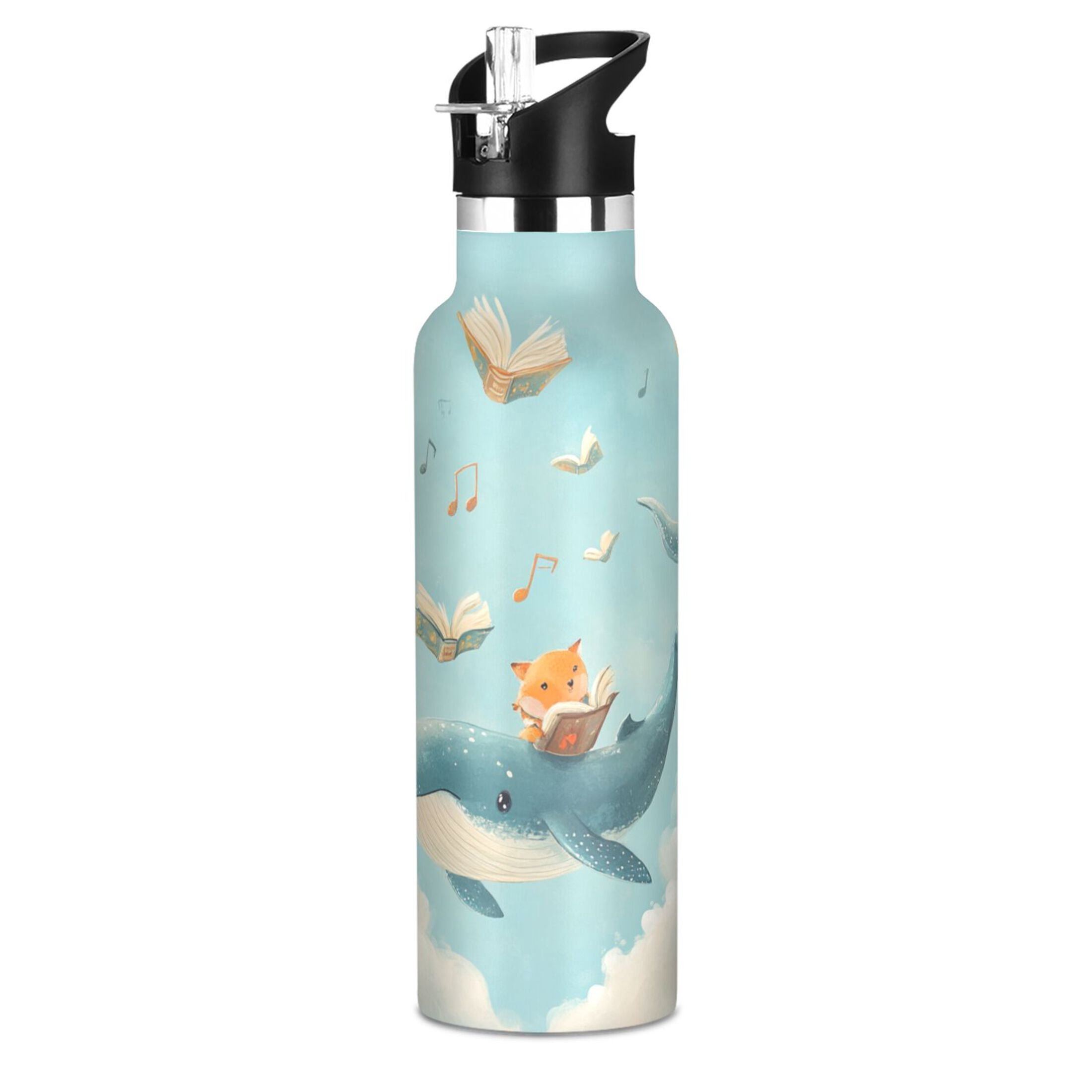 Kids Insulated Stainless Steel Sports Water Bottle 600ml (20oz) Fox and Whale Carrying Books