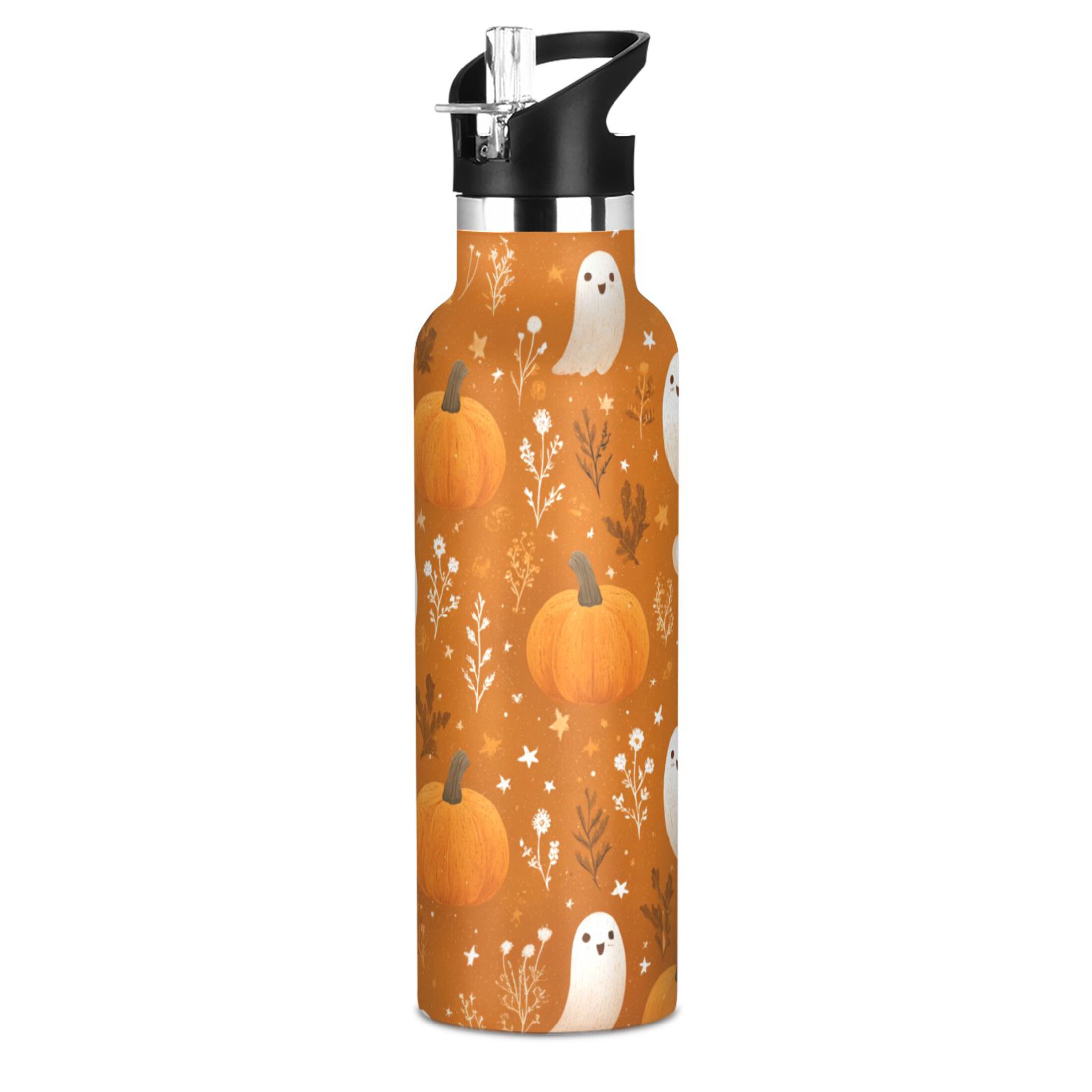 Kids Insulated Stainless Steel Sports Water Bottle 600ml (20oz) Fun Orange Halloween Pattern