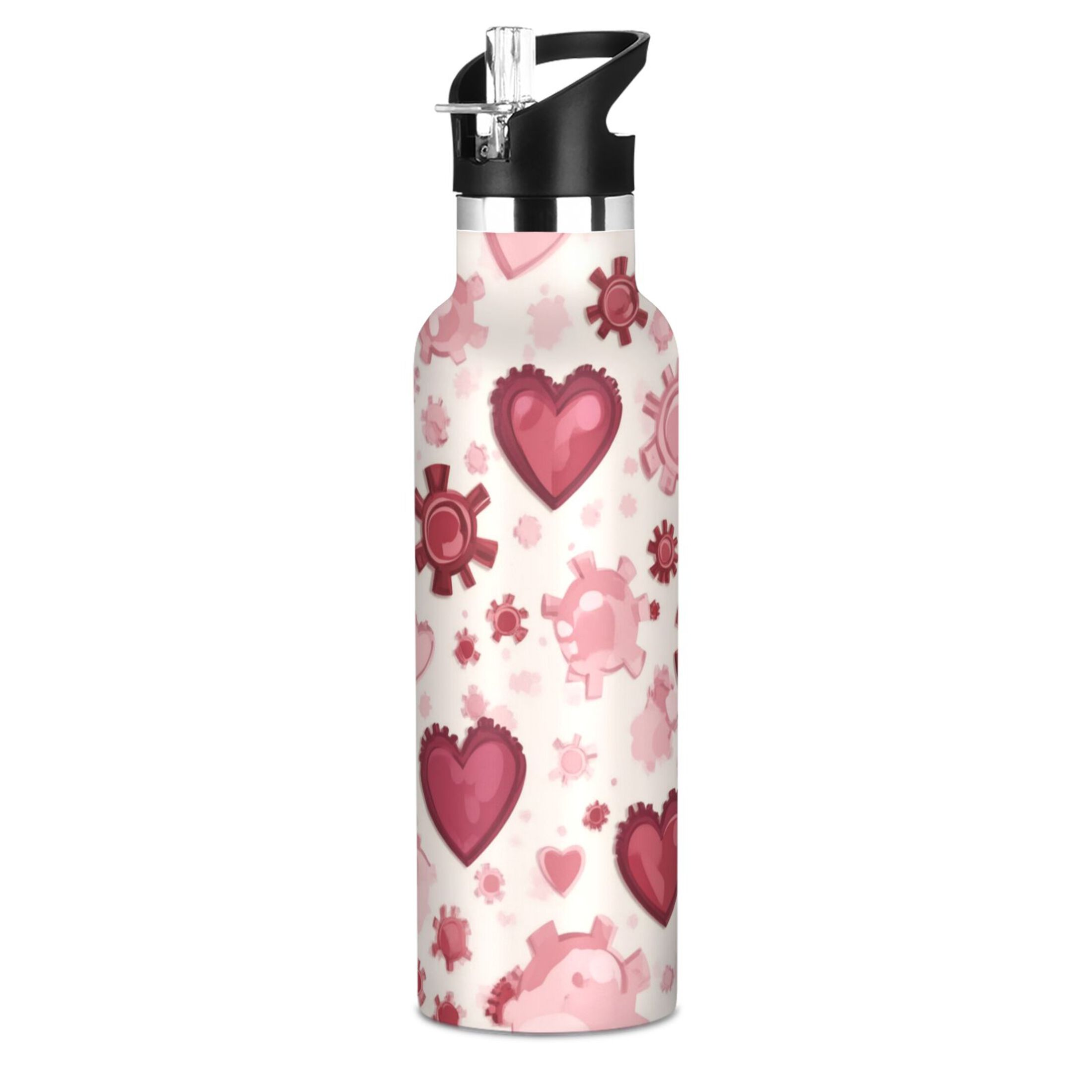 Kids Insulated Stainless Steel Sports Water Bottle 600ml (20oz) Gear-shaped Hearts Pattern