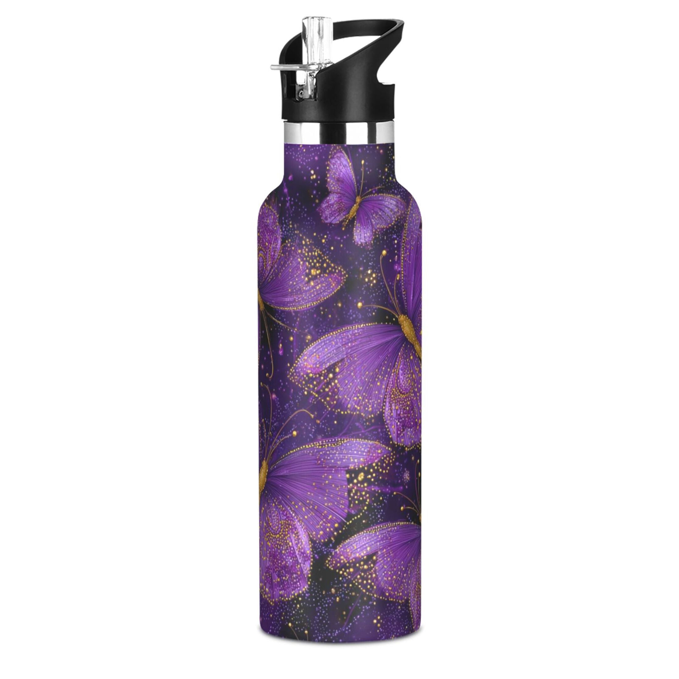 Kids Insulated Stainless Steel Sports Water Bottle 600ml (20oz) Glowing Purple Butterfly