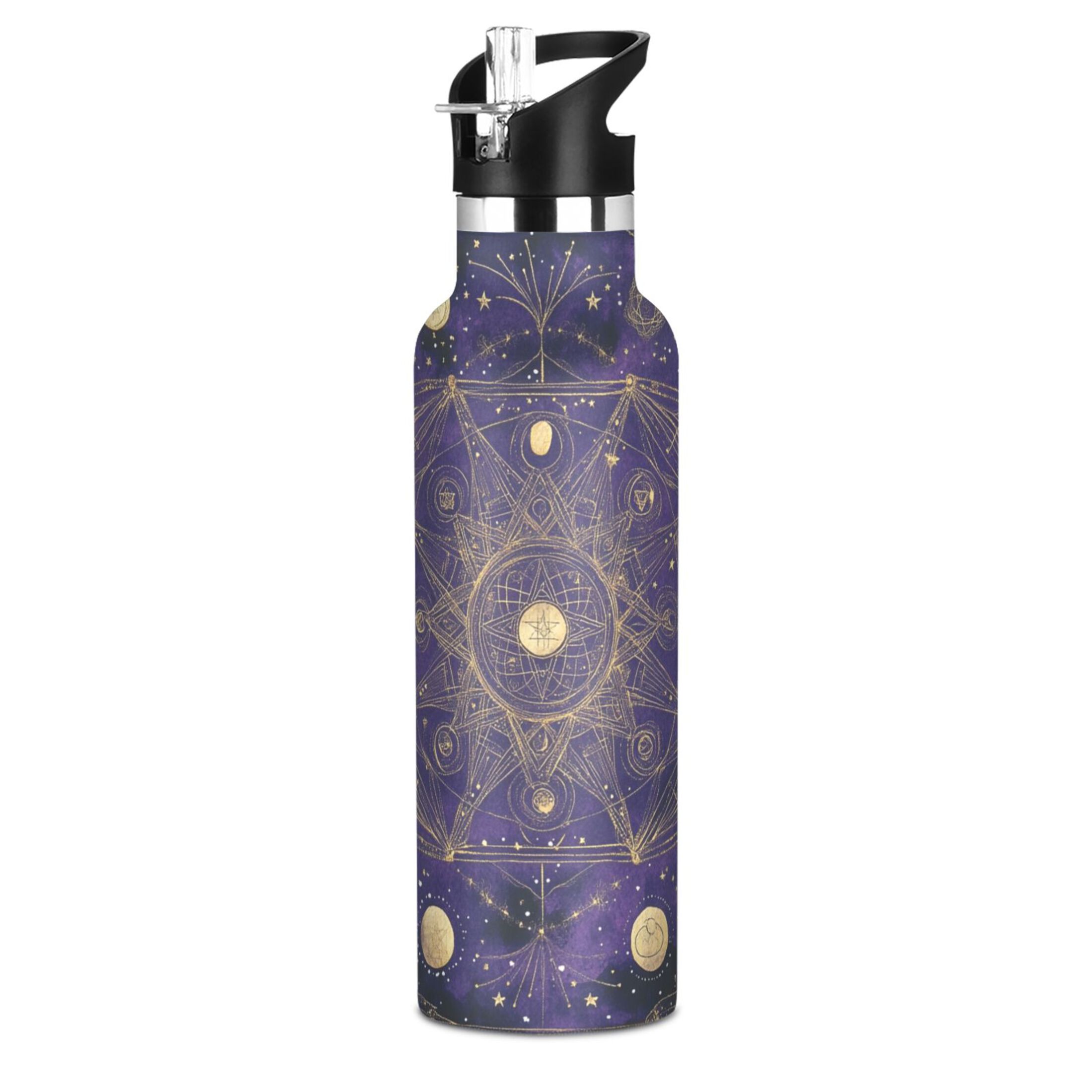 Kids Insulated Stainless Steel Sports Water Bottle 600ml (20oz) Gold Celestial Pattern
