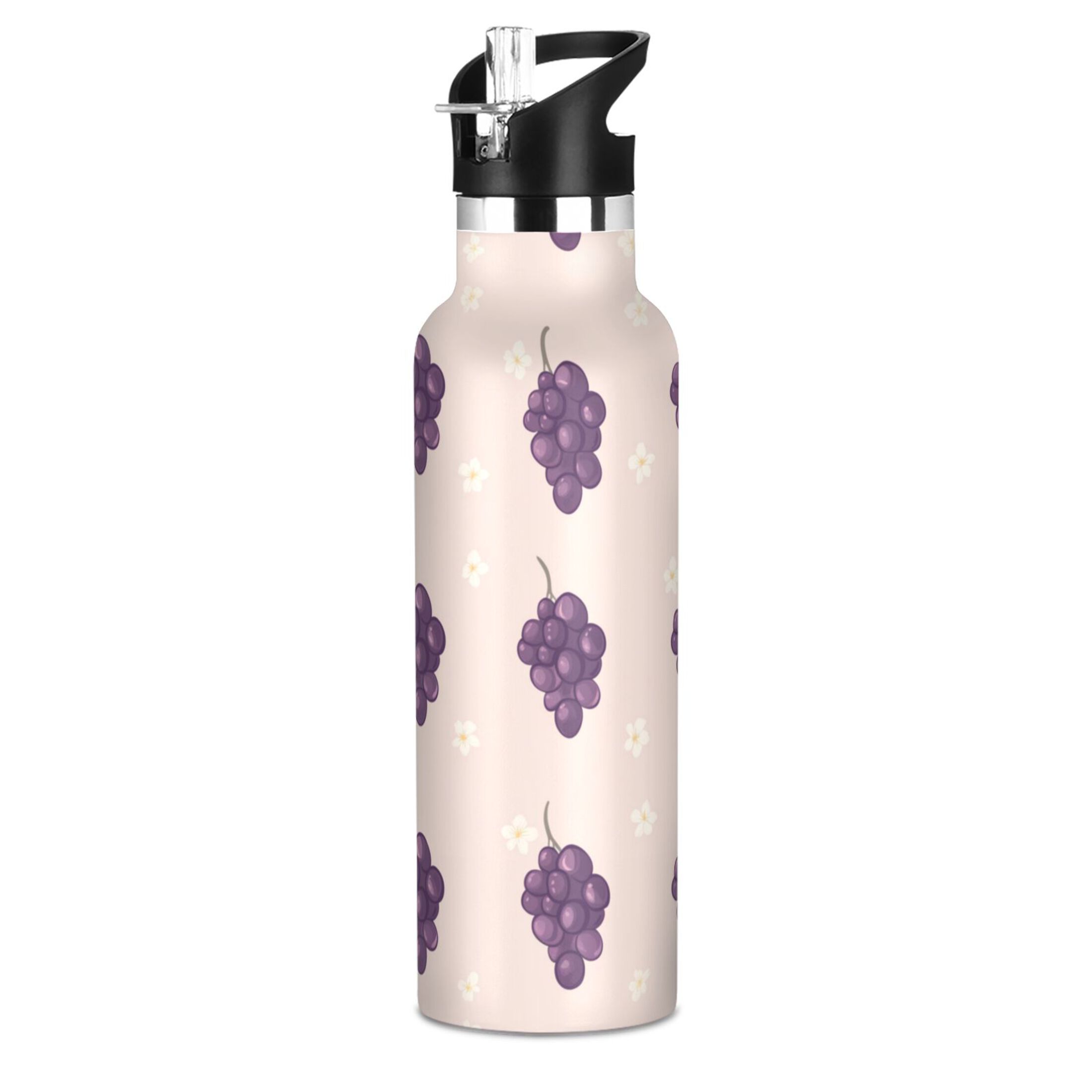 Kids Insulated Stainless Steel Sports Water Bottle 600ml (20oz) Grapes and Flowers Pattern
