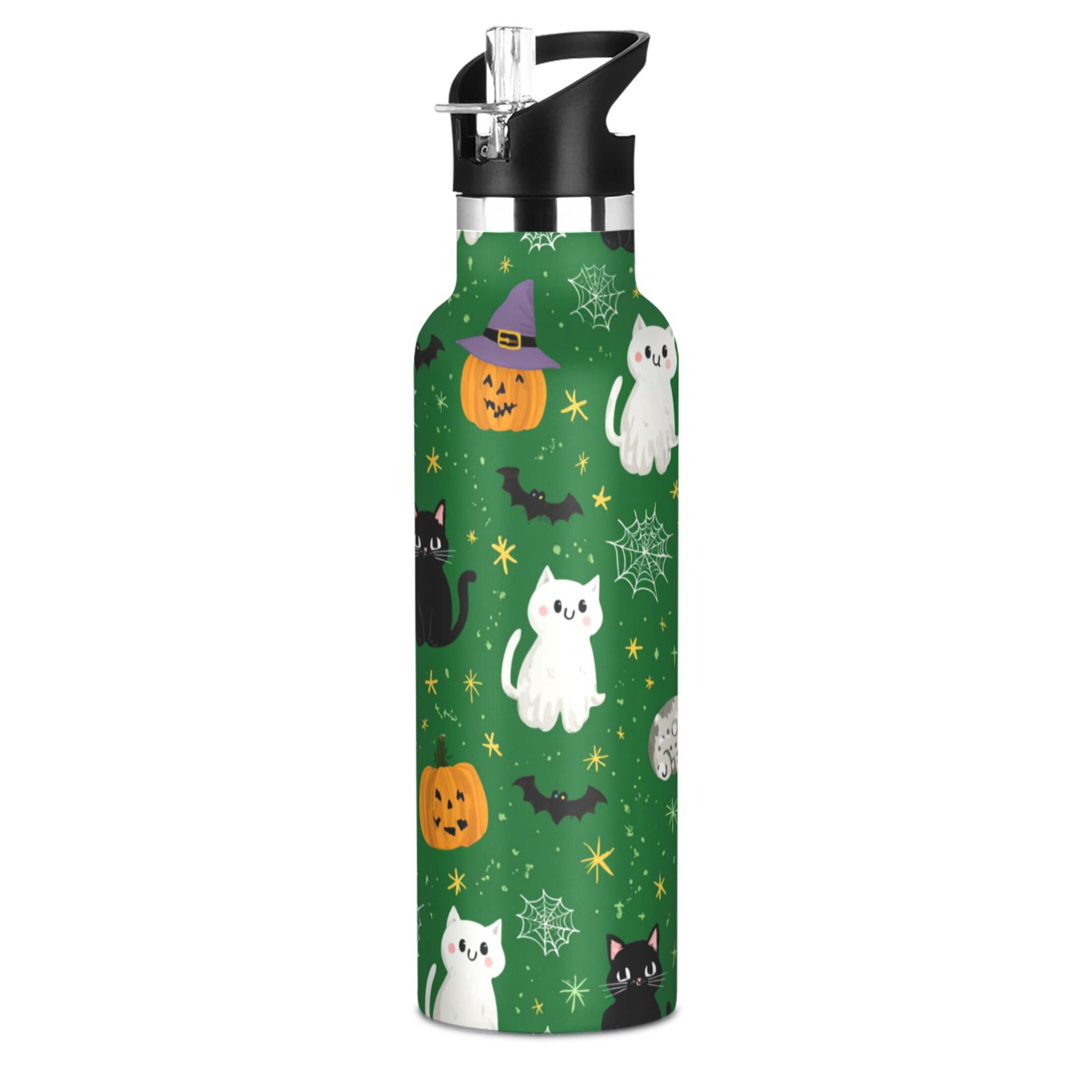 Kids Insulated Stainless Steel Sports Water Bottle 600ml (20oz) Green Background with Cats