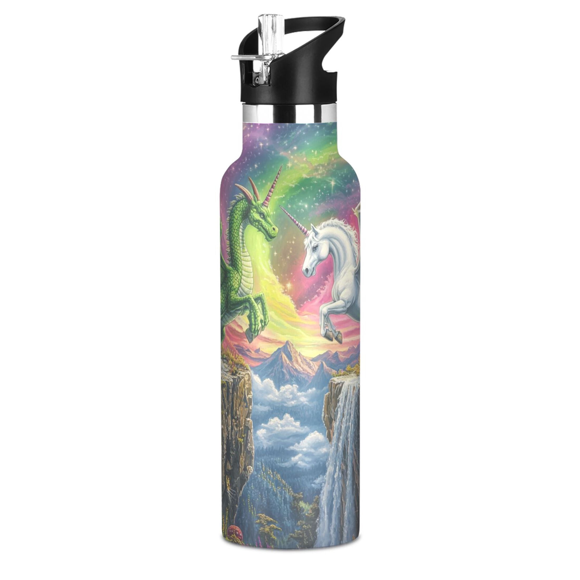 Kids Insulated Stainless Steel Sports Water Bottle 600ml (20oz) Green Dragon and White Unicorn