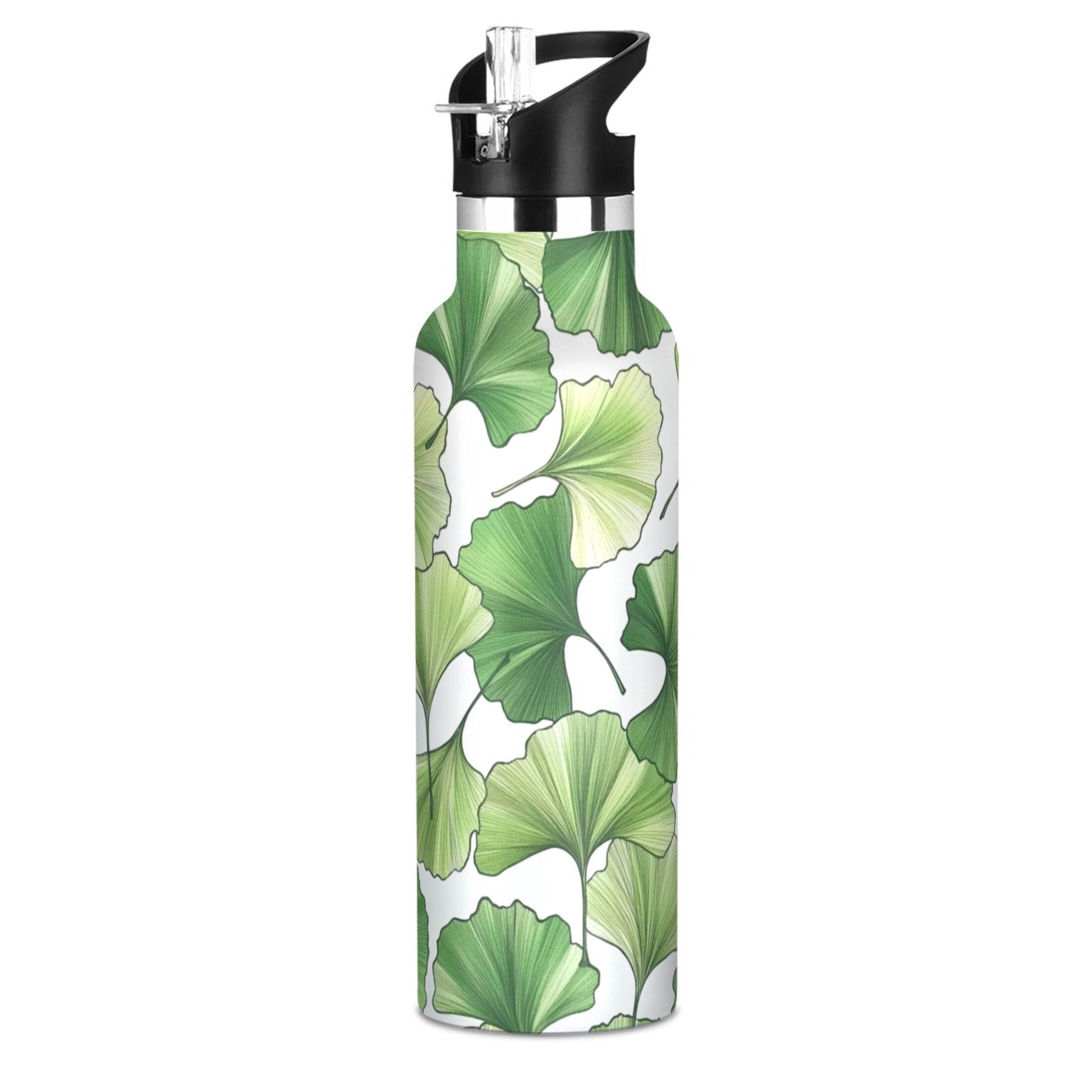 Kids Insulated Stainless Steel Sports Water Bottle 600ml (20oz) Green Ginkgo Biloba