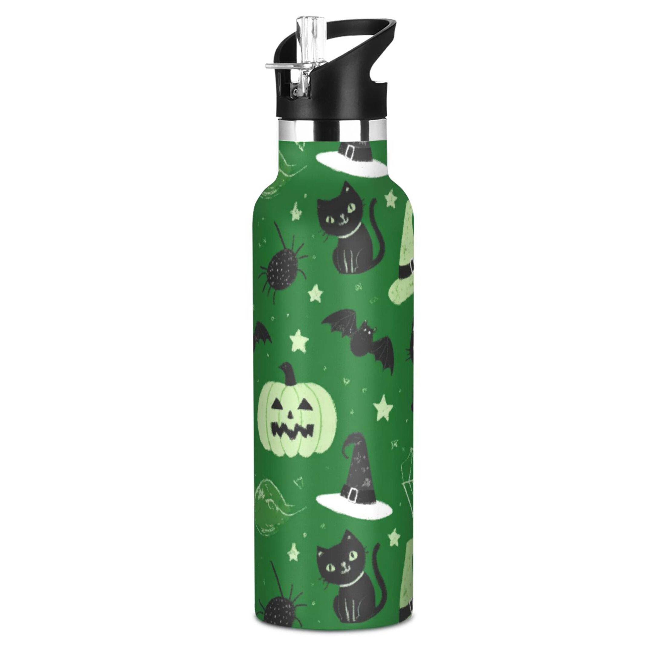 Kids Insulated Stainless Steel Sports Water Bottle 600ml (20oz) Green Halloween-themed Pattern