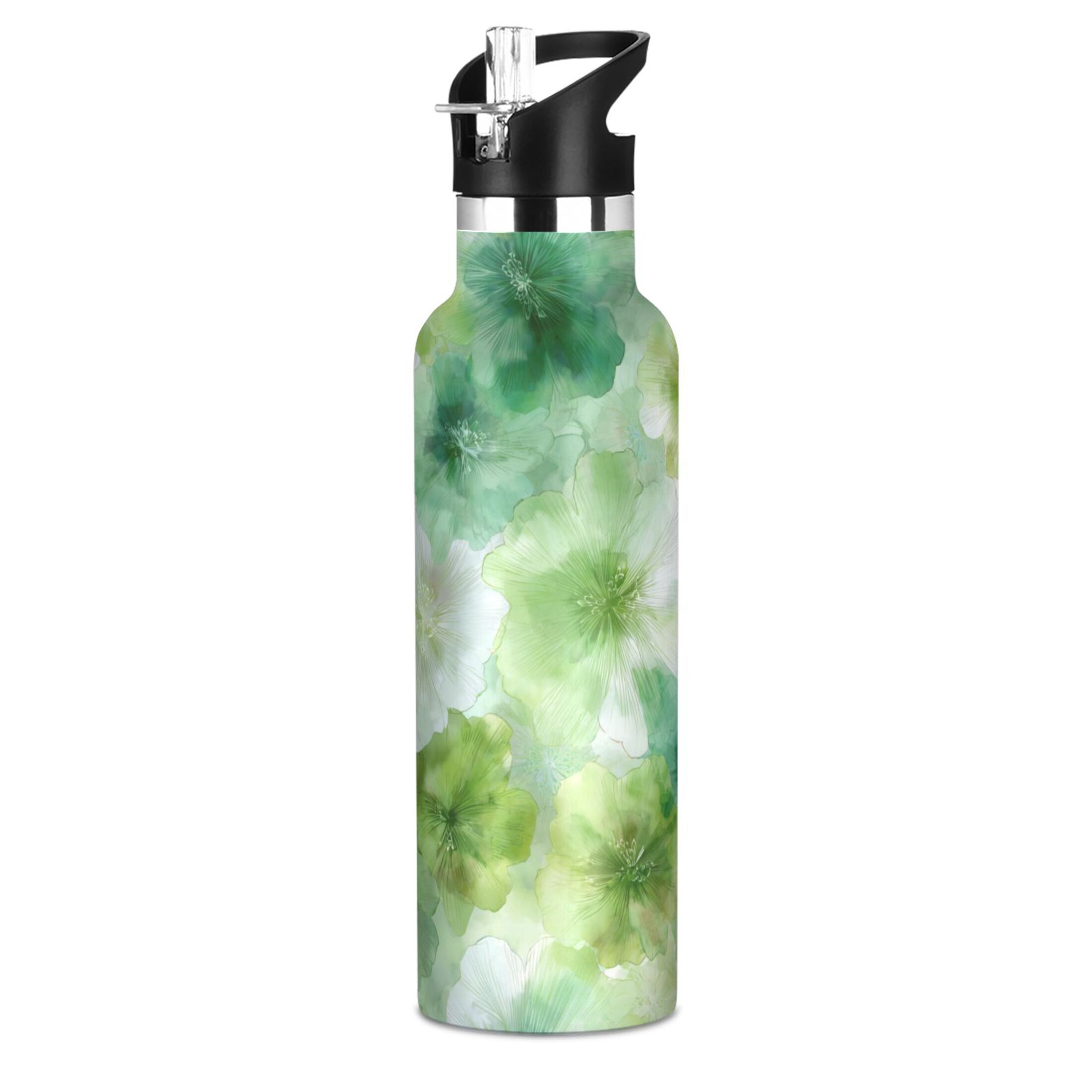 Kids Insulated Stainless Steel Sports Water Bottle 600ml (20oz) Green Tie-dye Flowers