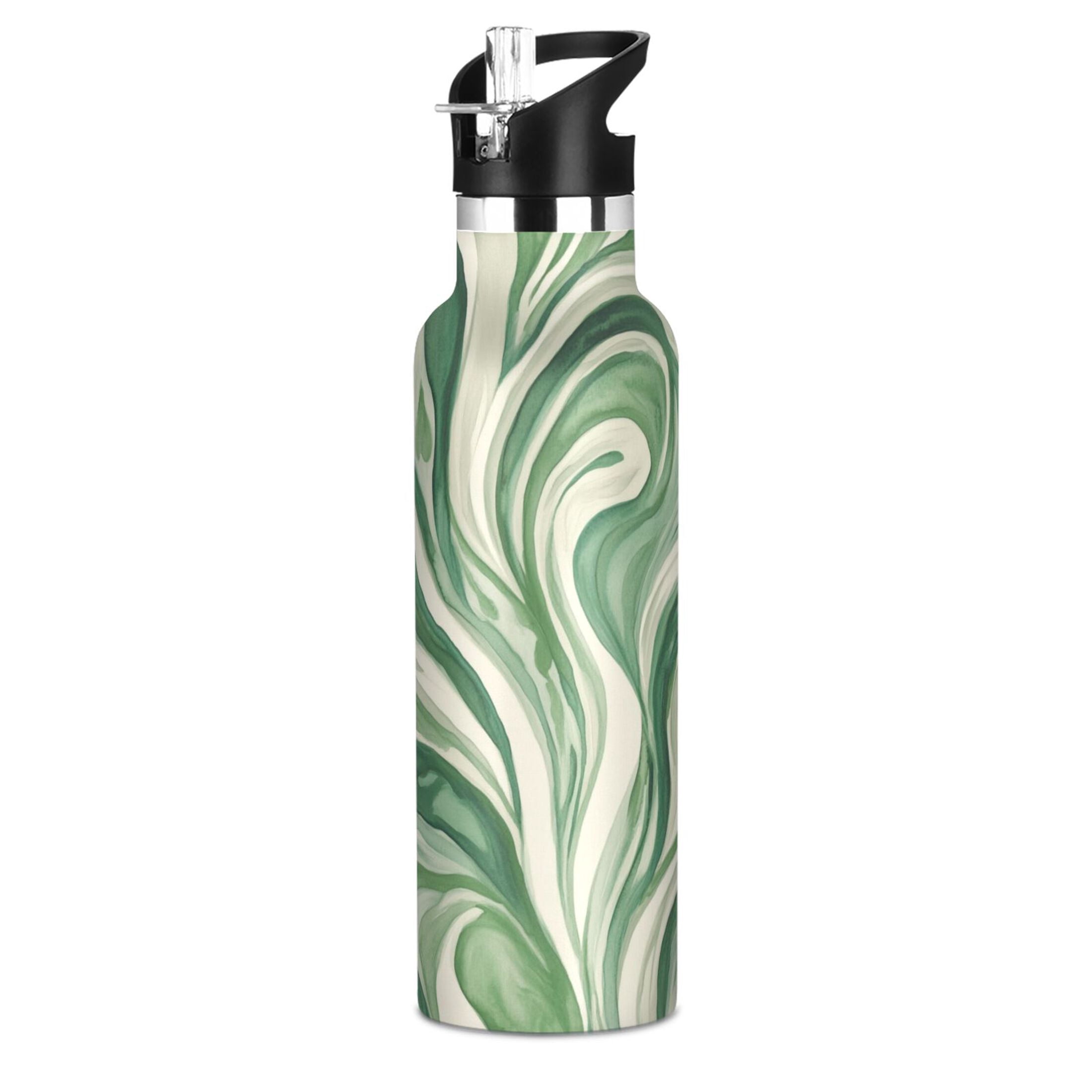 Kids Insulated Stainless Steel Sports Water Bottle 600ml (20oz) Green and White Swirling Lines