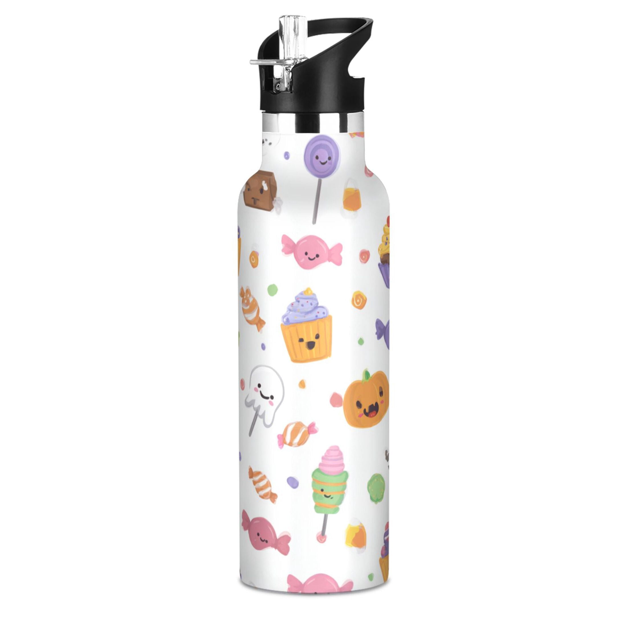 Kids Insulated Stainless Steel Sports Water Bottle 600ml (20oz) Halloween Candy and Cupcakes