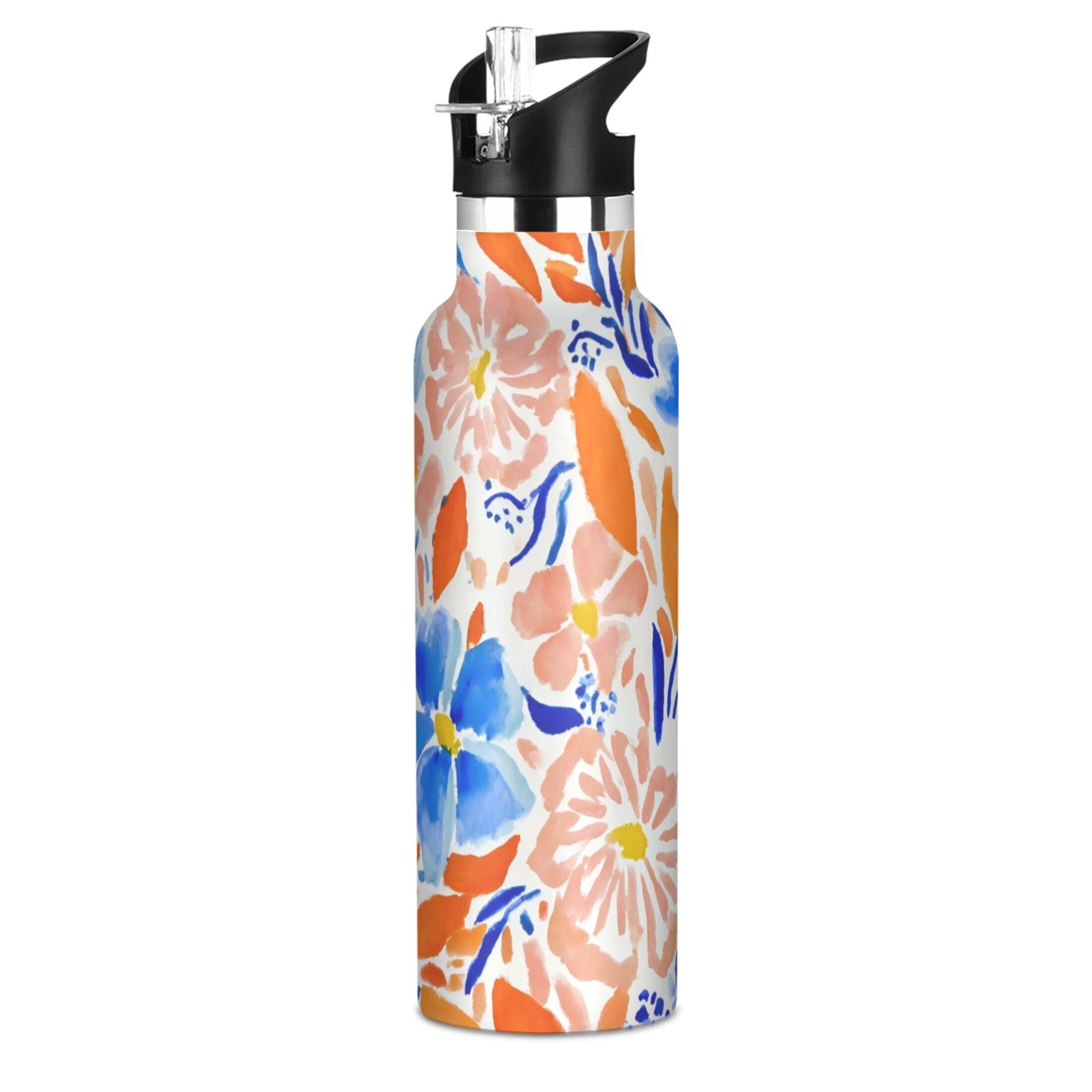 Kids Insulated Stainless Steel Sports Water Bottle 600ml (20oz) Hand-painted Watercolor Floral