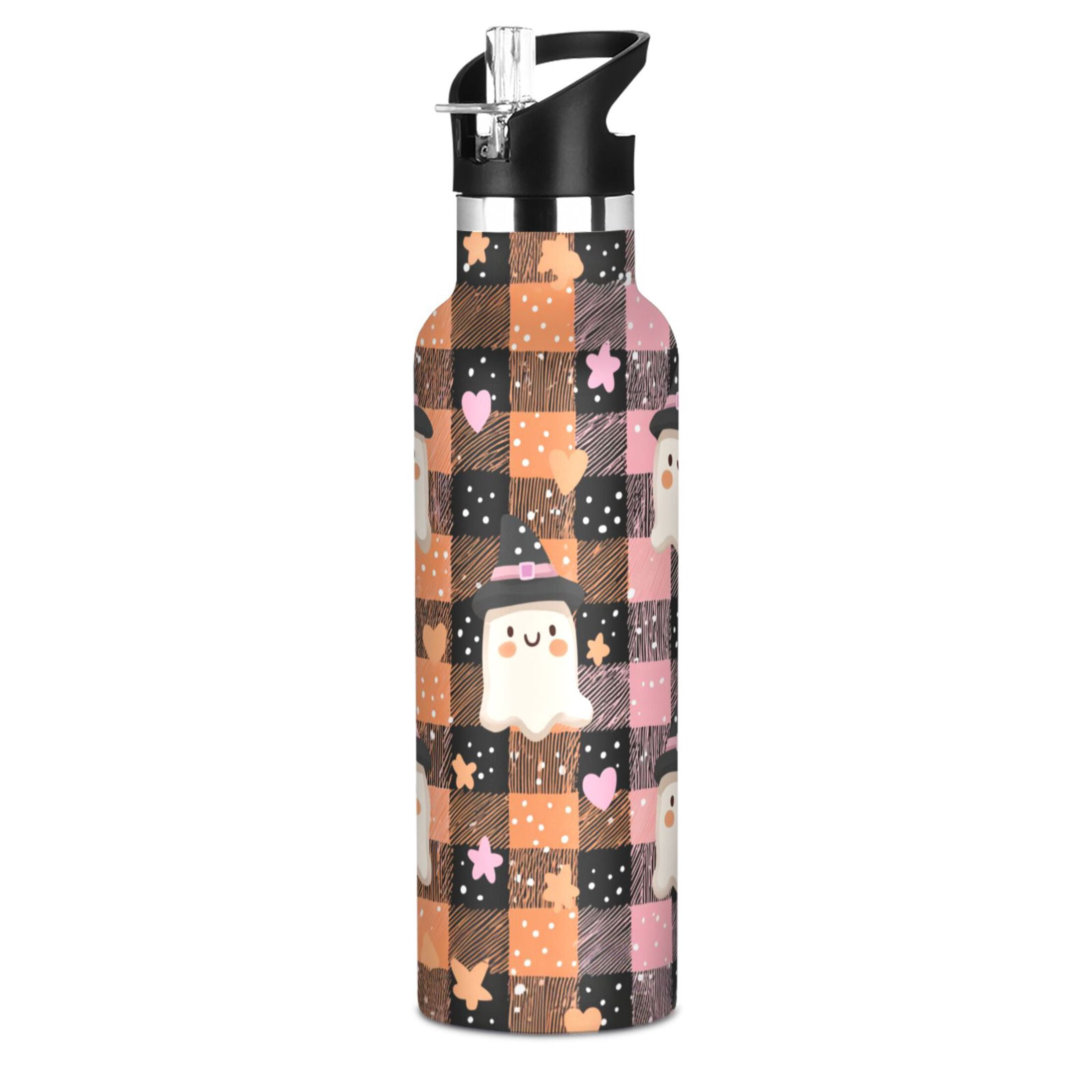 Kids Insulated Stainless Steel Sports Water Bottle 600ml (20oz) Hearts Stars and Ghost Pattern