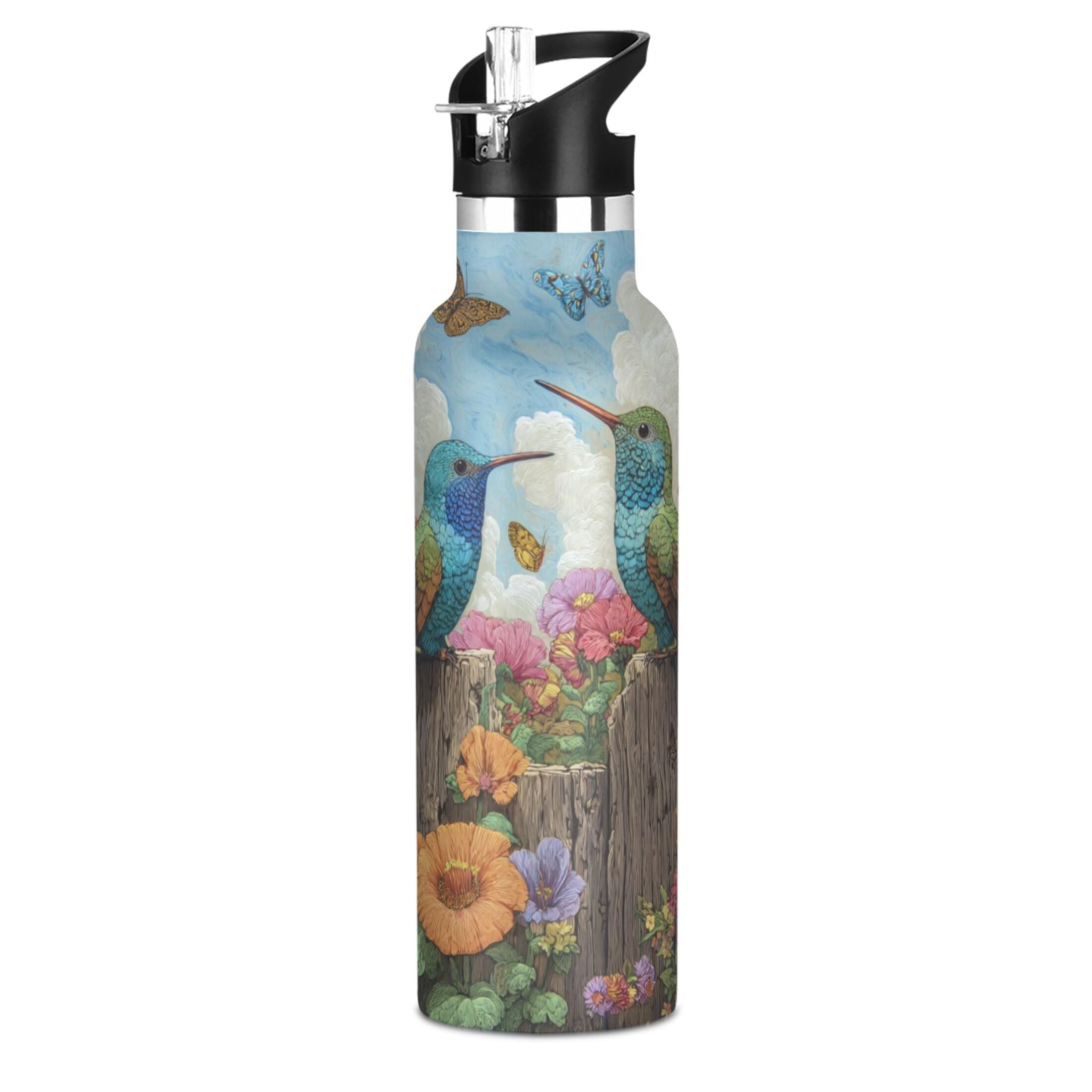 Kids Insulated Stainless Steel Sports Water Bottle 600ml (20oz) Hummingbirds and Flowers