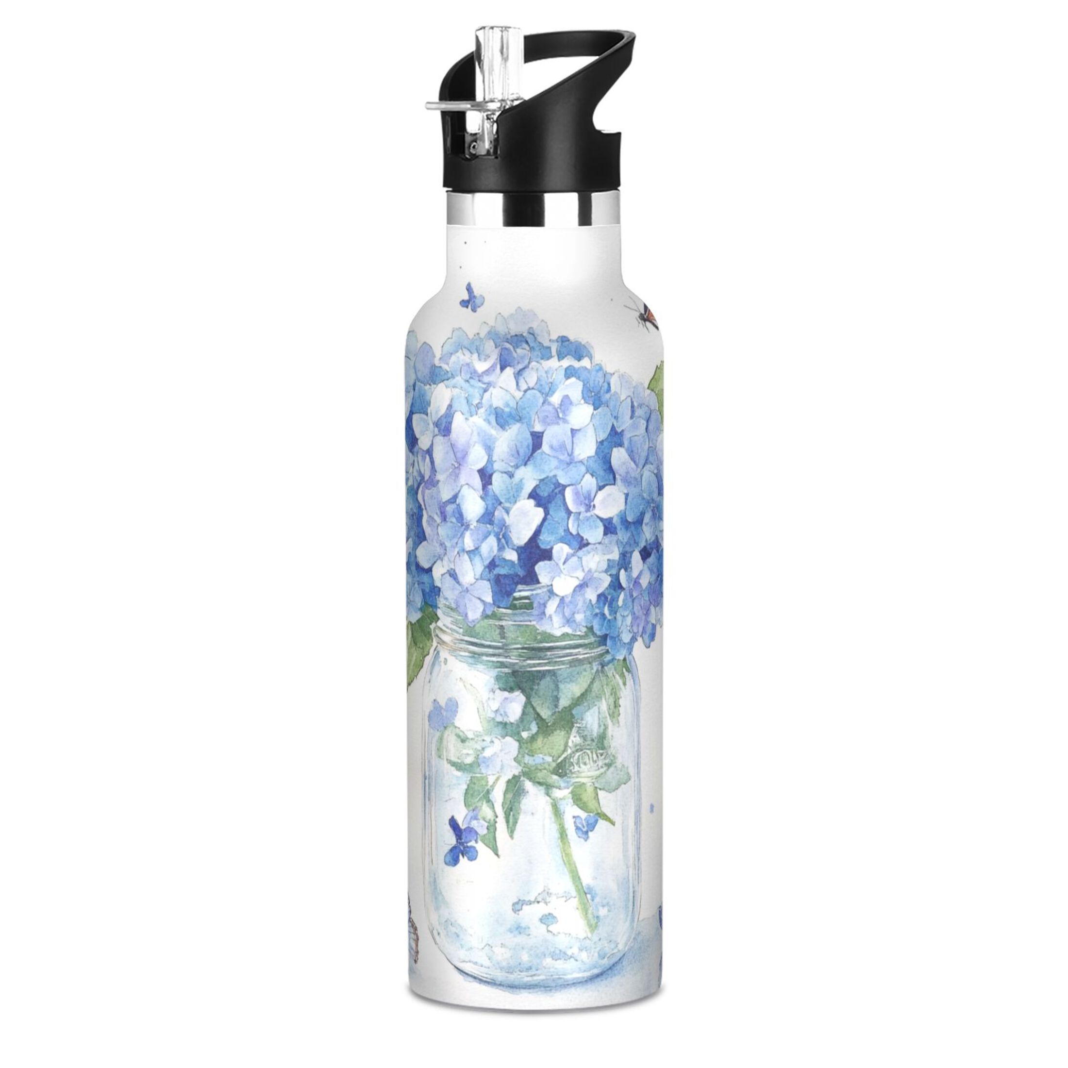 Kids Insulated Stainless Steel Sports Water Bottle 600ml (20oz) Hydrangeas and Butterflies