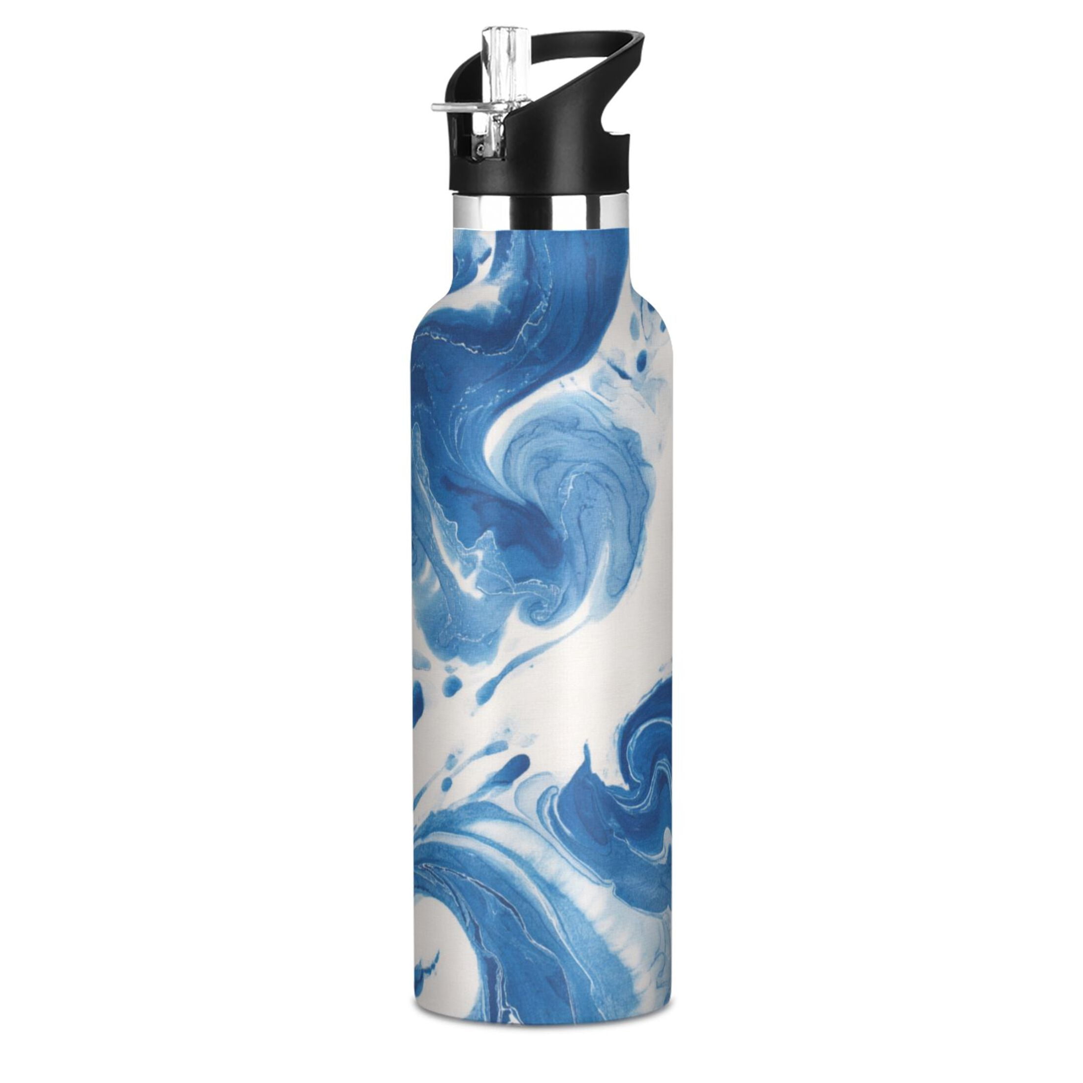 Kids Insulated Stainless Steel Sports Water Bottle 600ml (20oz) Indigo Blue Tie-dye Pattern
