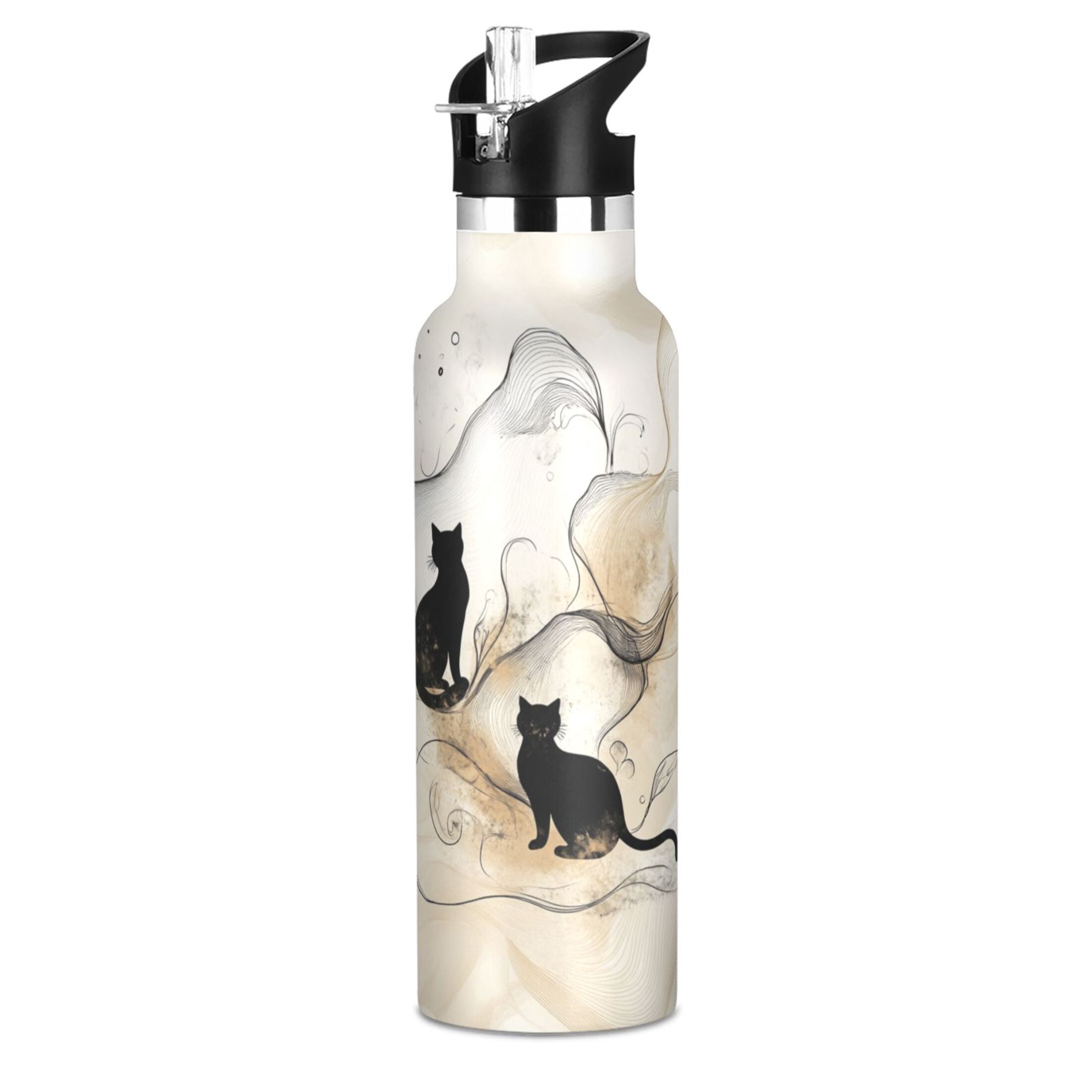 Kids Insulated Stainless Steel Sports Water Bottle 600ml (20oz) Ink Painting Style Cat