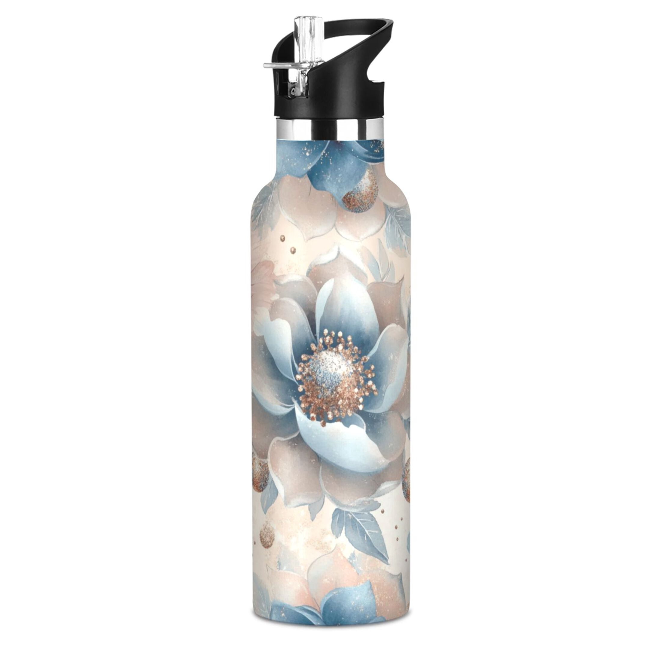 Kids Insulated Stainless Steel Sports Water Bottle 600ml (20oz) Large Glitter Flowers
