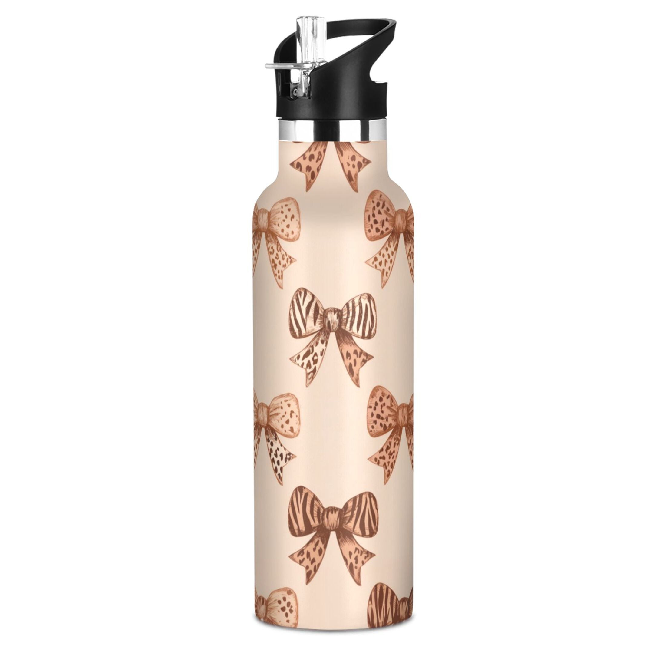 Kids Insulated Stainless Steel Sports Water Bottle 600ml (20oz) Leopard Print Bow