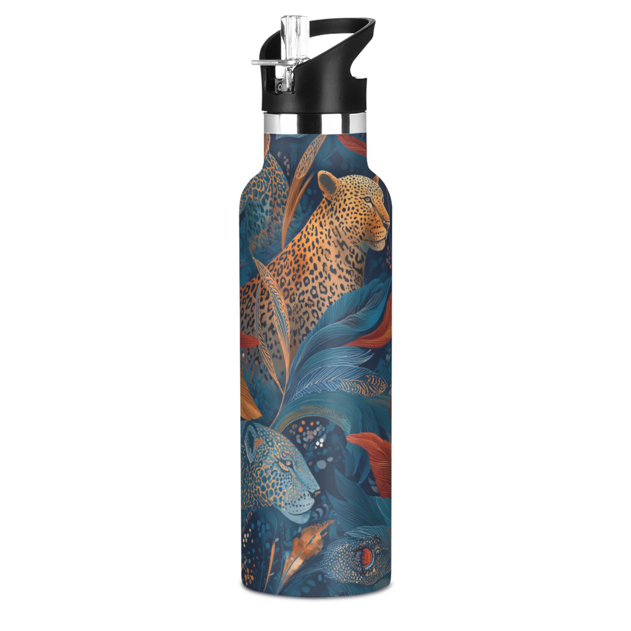 Kids Insulated Stainless Steel Sports Water Bottle 600ml (20oz) Leopard and Flying Feathers