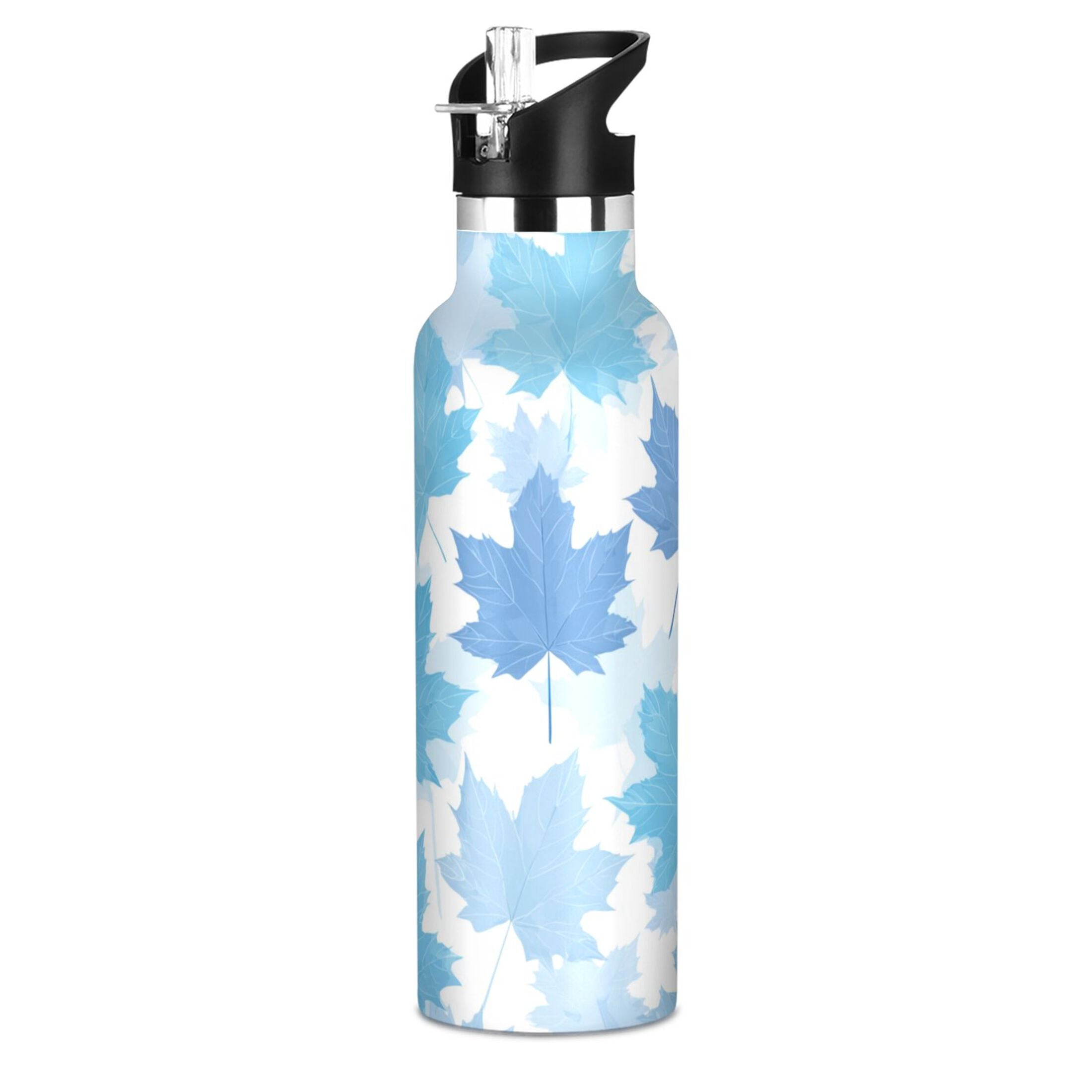 Kids Insulated Stainless Steel Sports Water Bottle 600ml (20oz) Light Blue Maple Leaves