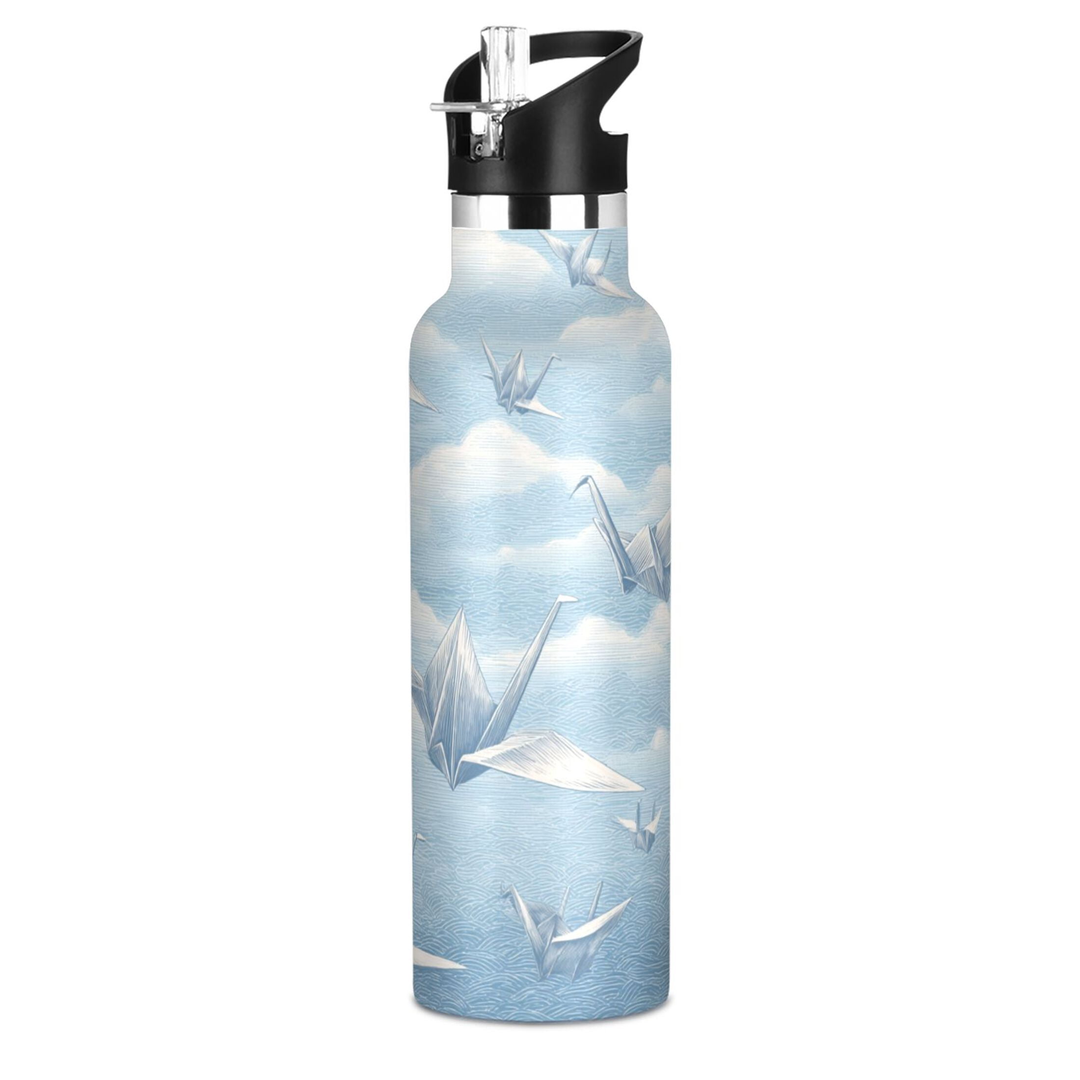 Kids Insulated Stainless Steel Sports Water Bottle 600ml (20oz) Light Blue Paper Cranes