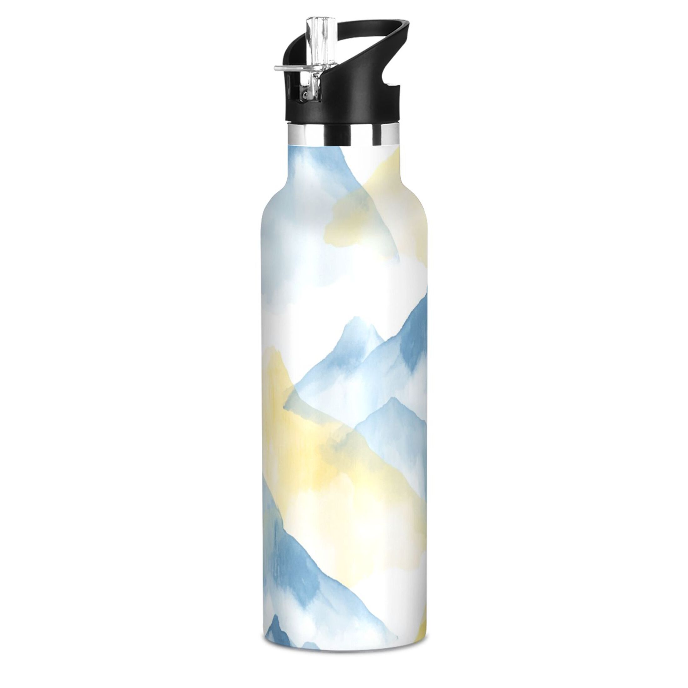 Kids Insulated Stainless Steel Sports Water Bottle 600ml (20oz) Light Blue and Yellow Mountain