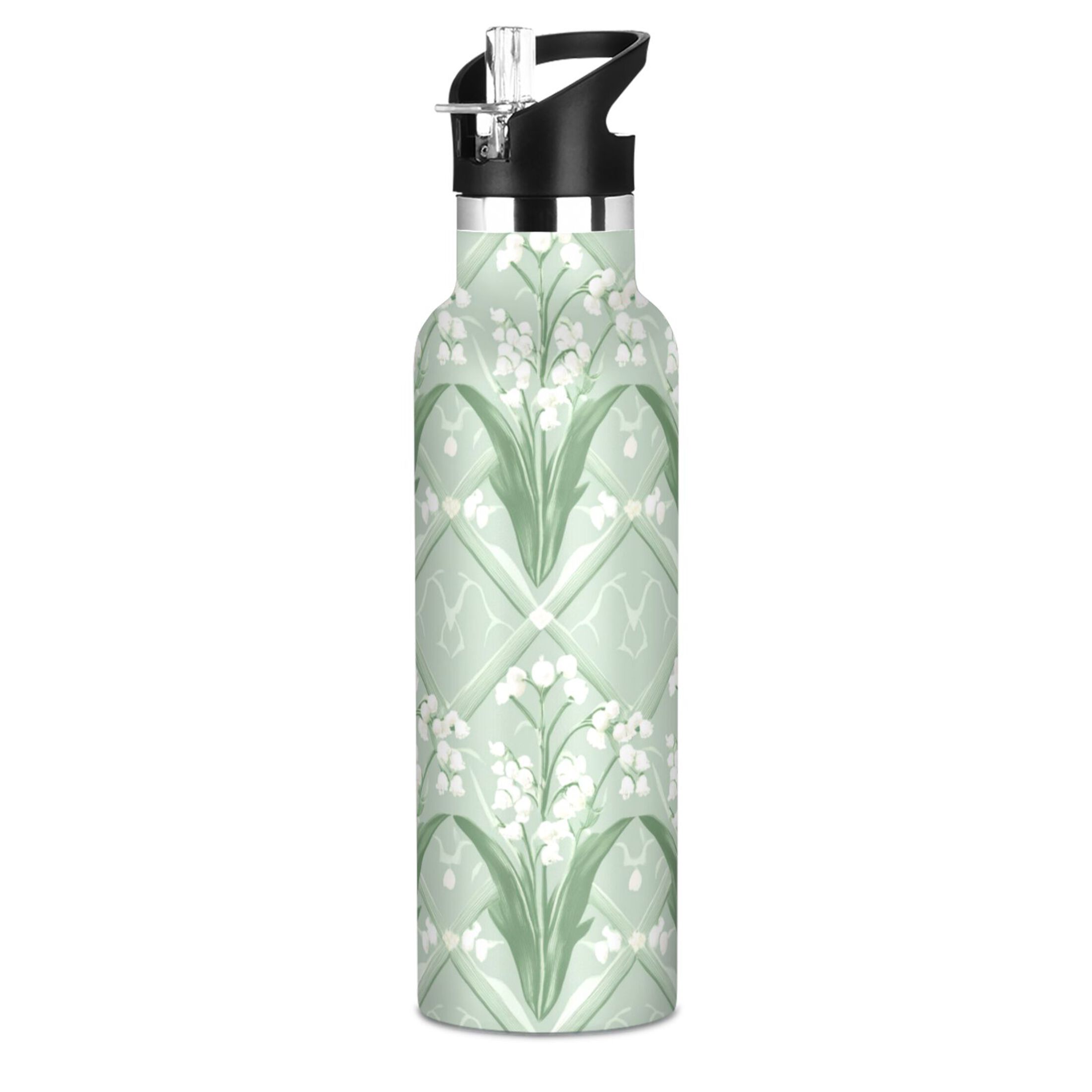 Kids Insulated Stainless Steel Sports Water Bottle 600ml (20oz) Light Green and White Lily