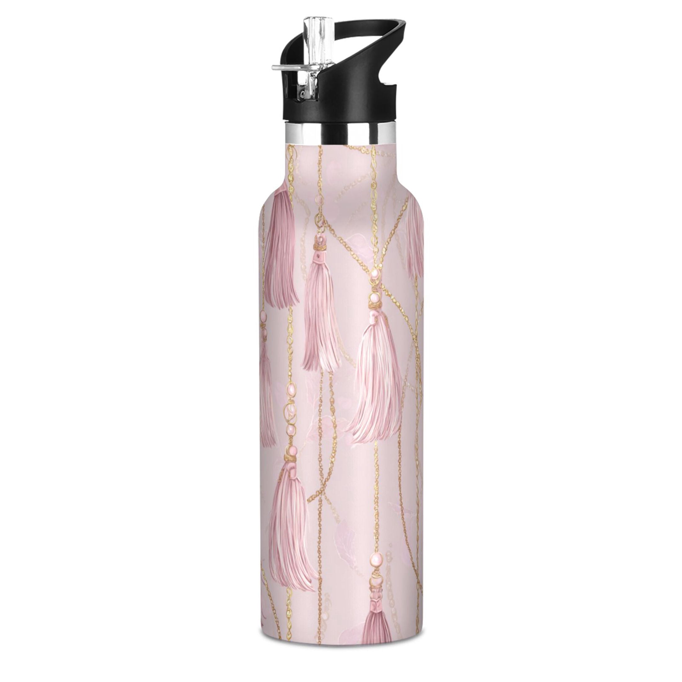 Kids Insulated Stainless Steel Sports Water Bottle 600ml (20oz) Light Pink Tassels