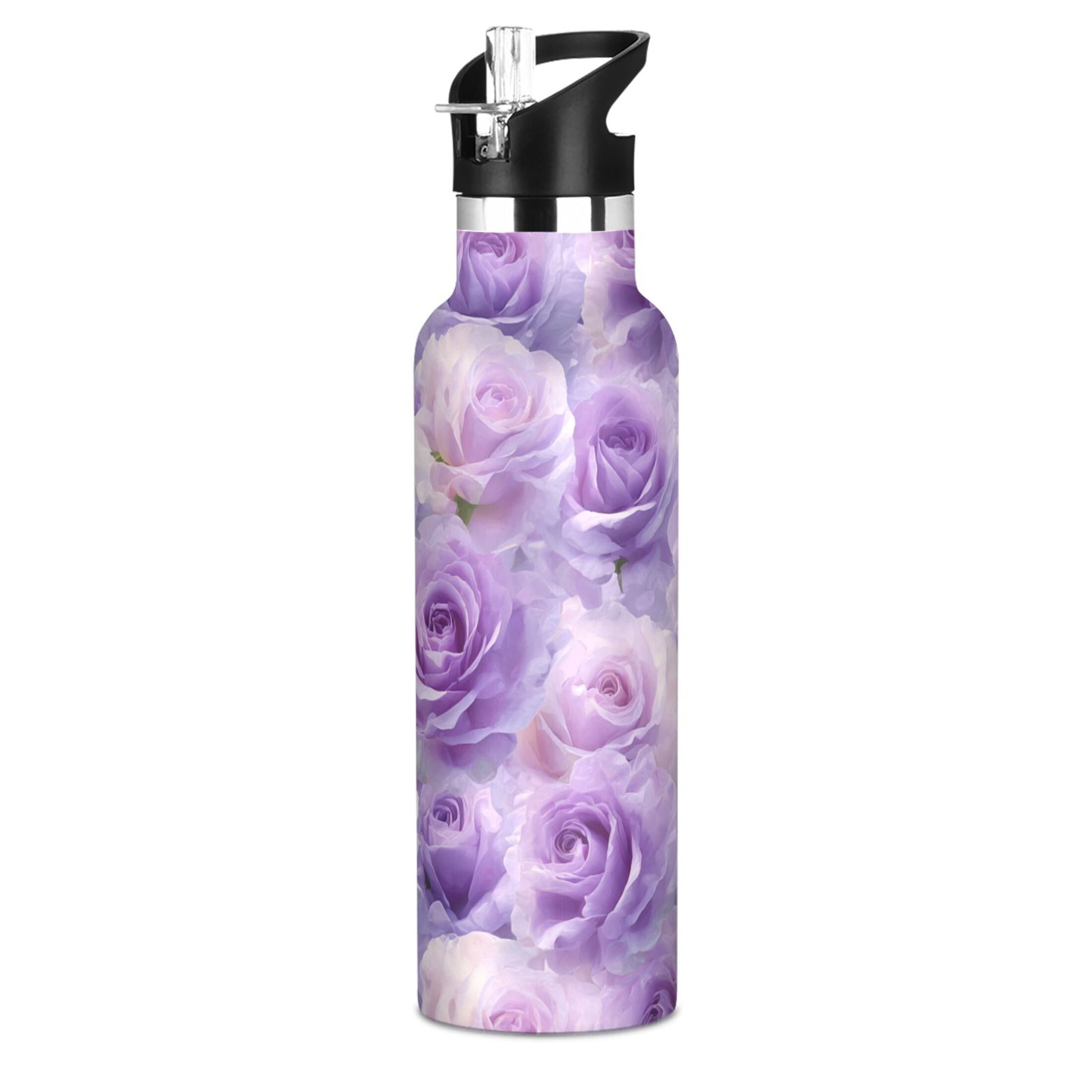 Kids Insulated Stainless Steel Sports Water Bottle 600ml (20oz) Light Purple Roses Pattern