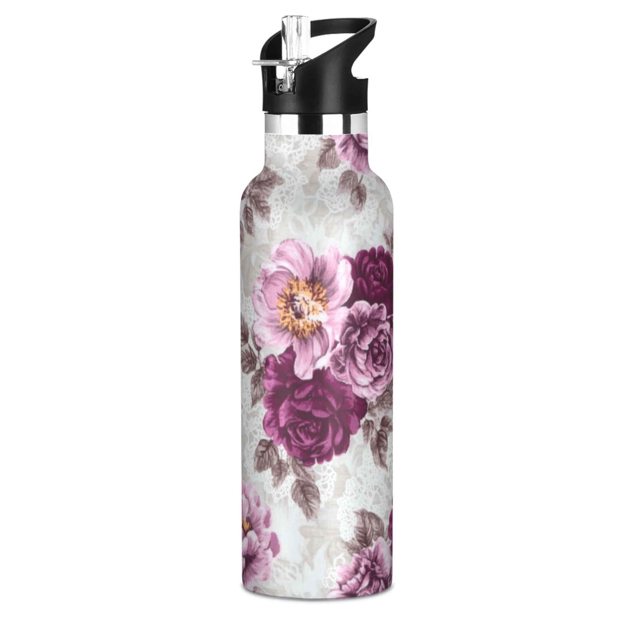 Kids Insulated Stainless Steel Sports Water Bottle 600ml (20oz) Magenta Roses