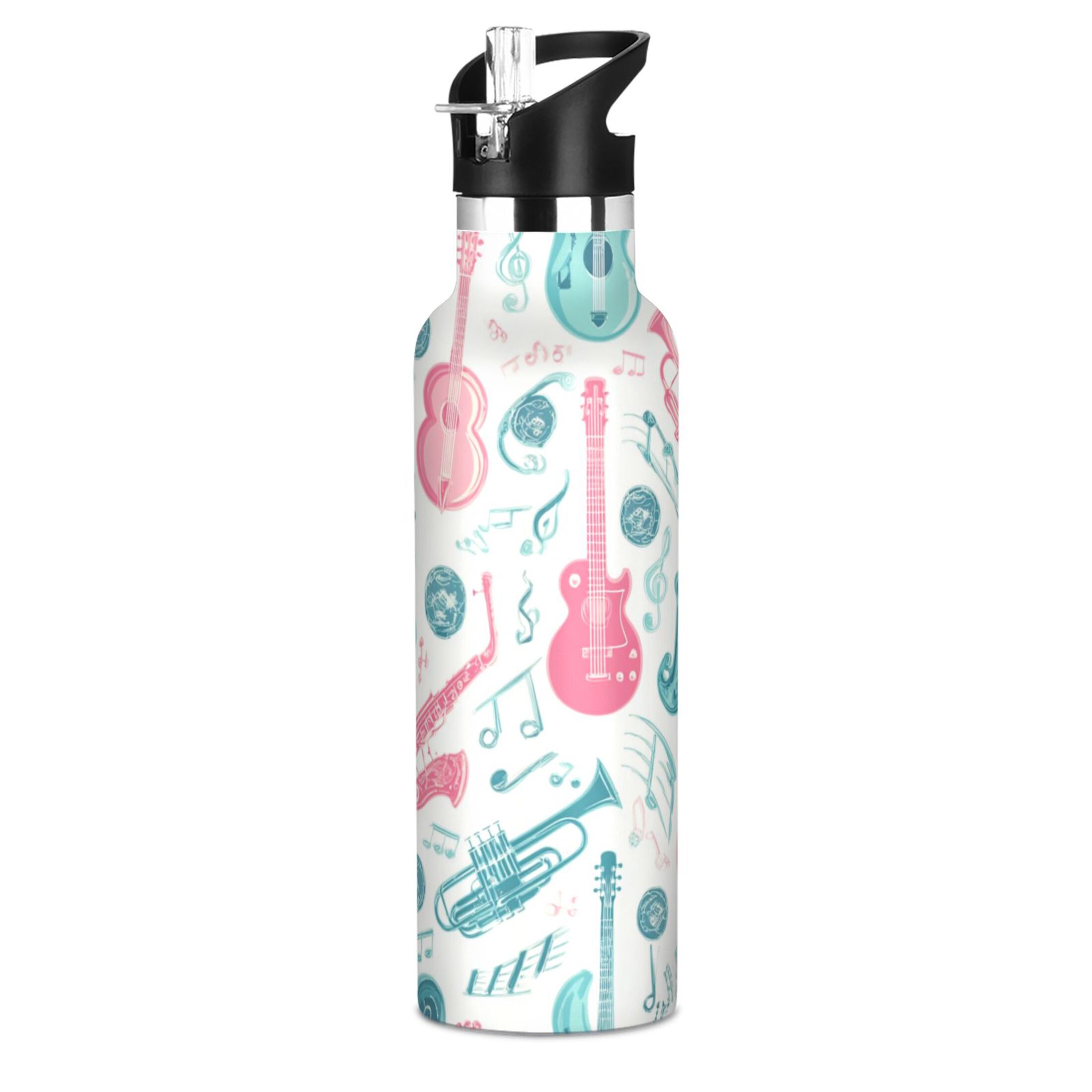 Kids Insulated Stainless Steel Sports Water Bottle 600ml (20oz) Musical Notes and Instruments