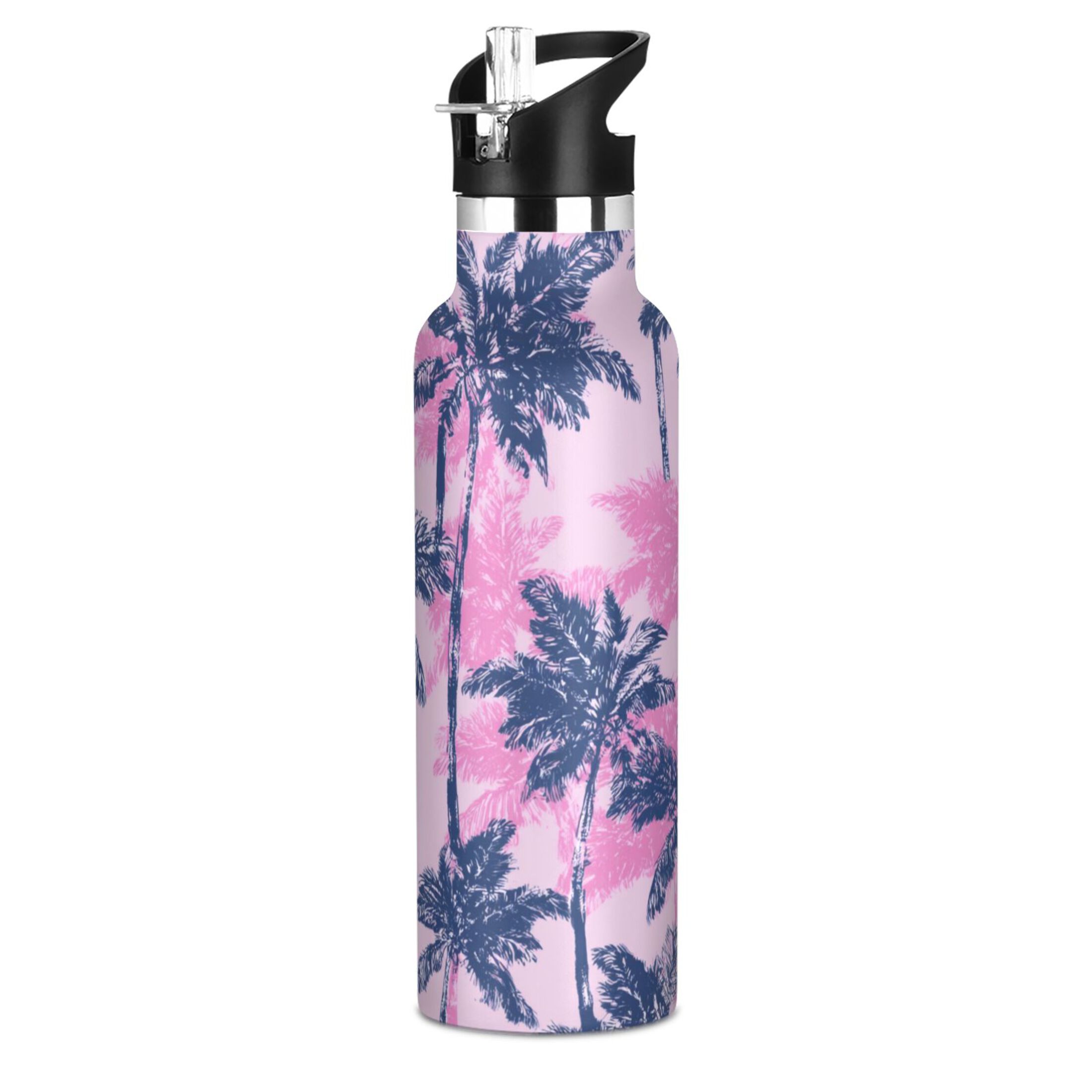 Kids Insulated Stainless Steel Sports Water Bottle 600ml (20oz) Navy Blue Palm Tree