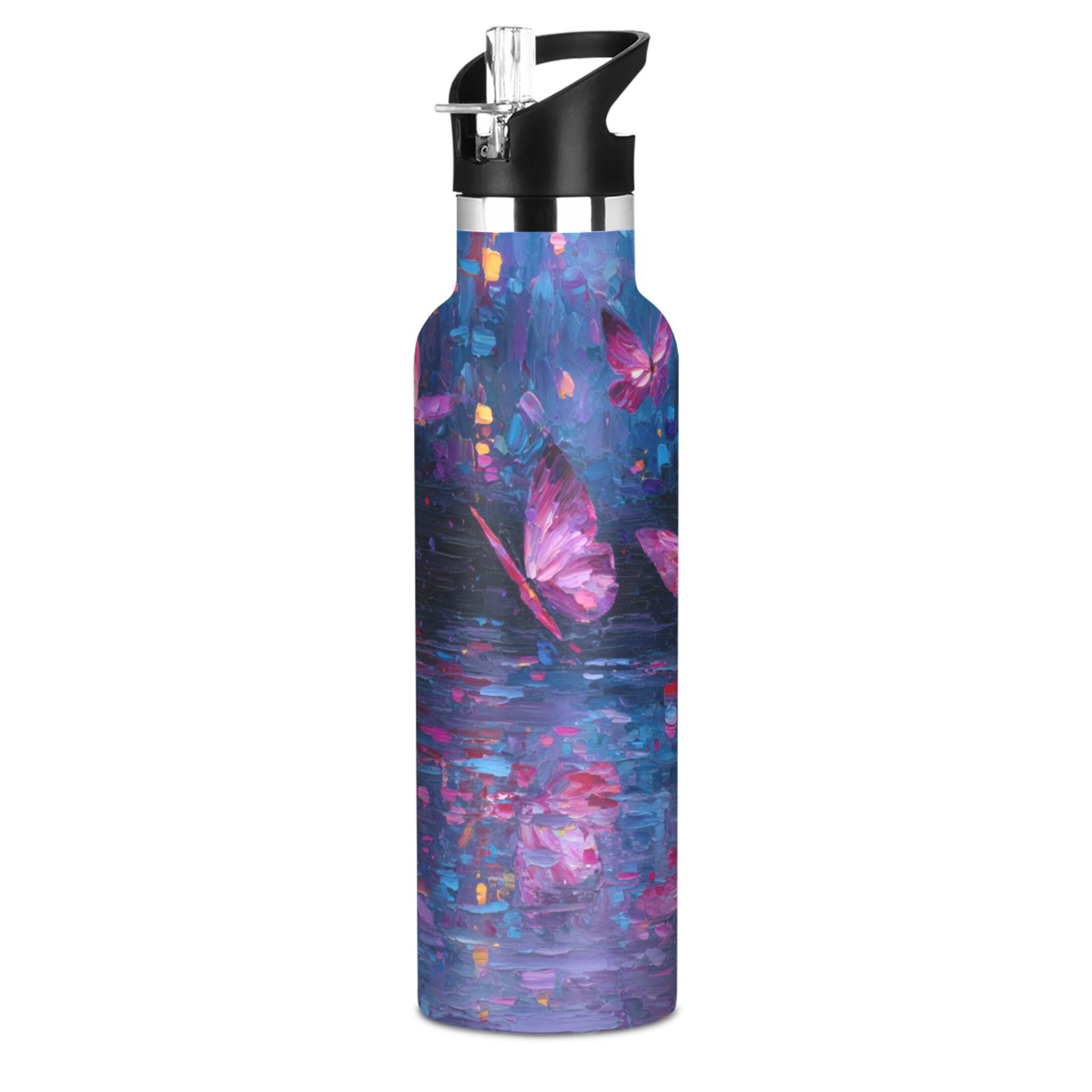 Kids Insulated Stainless Steel Sports Water Bottle 600ml (20oz) Night Scene and Butterflies