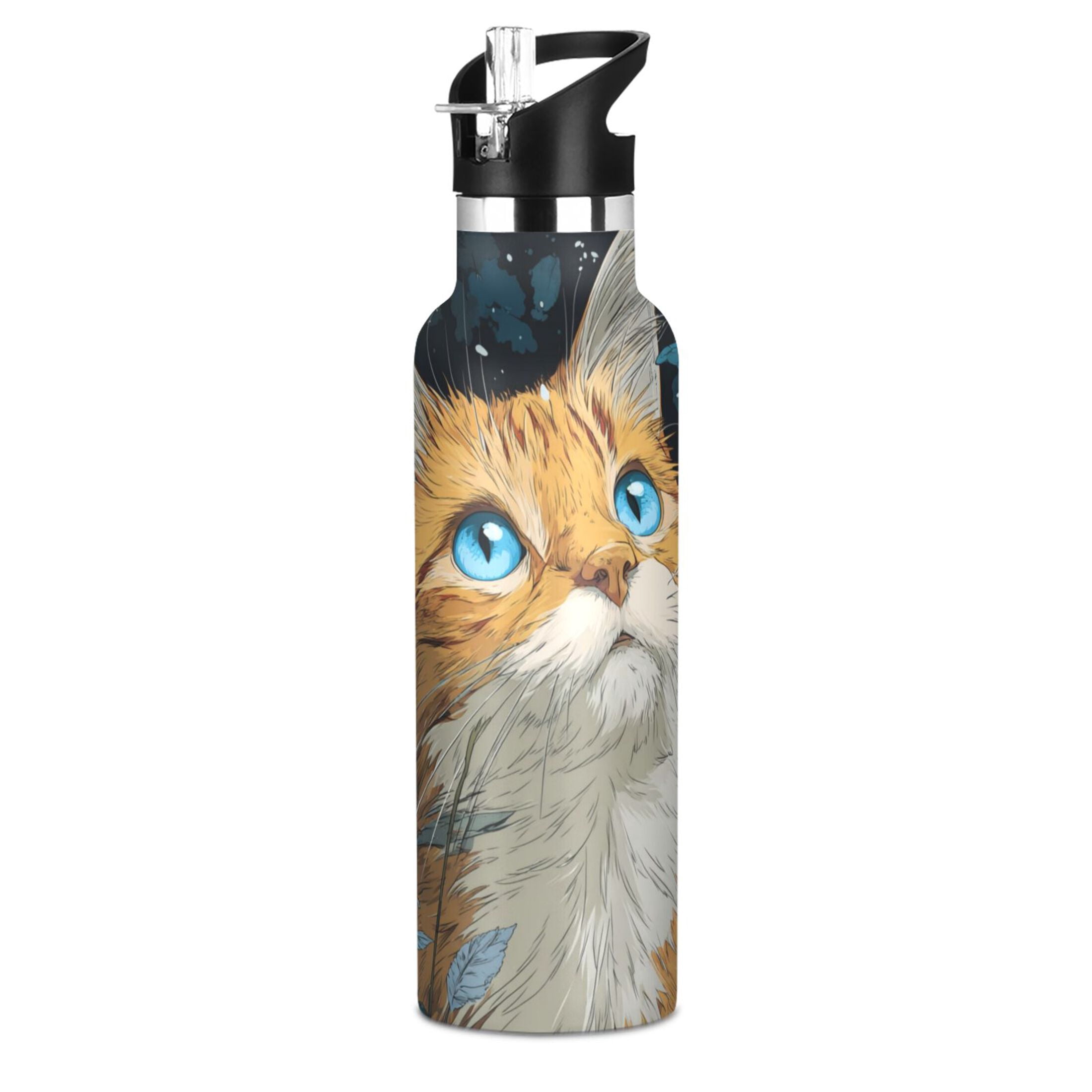 Kids Insulated Stainless Steel Sports Water Bottle 600ml (20oz) Orange Cat with Blue Eyes
