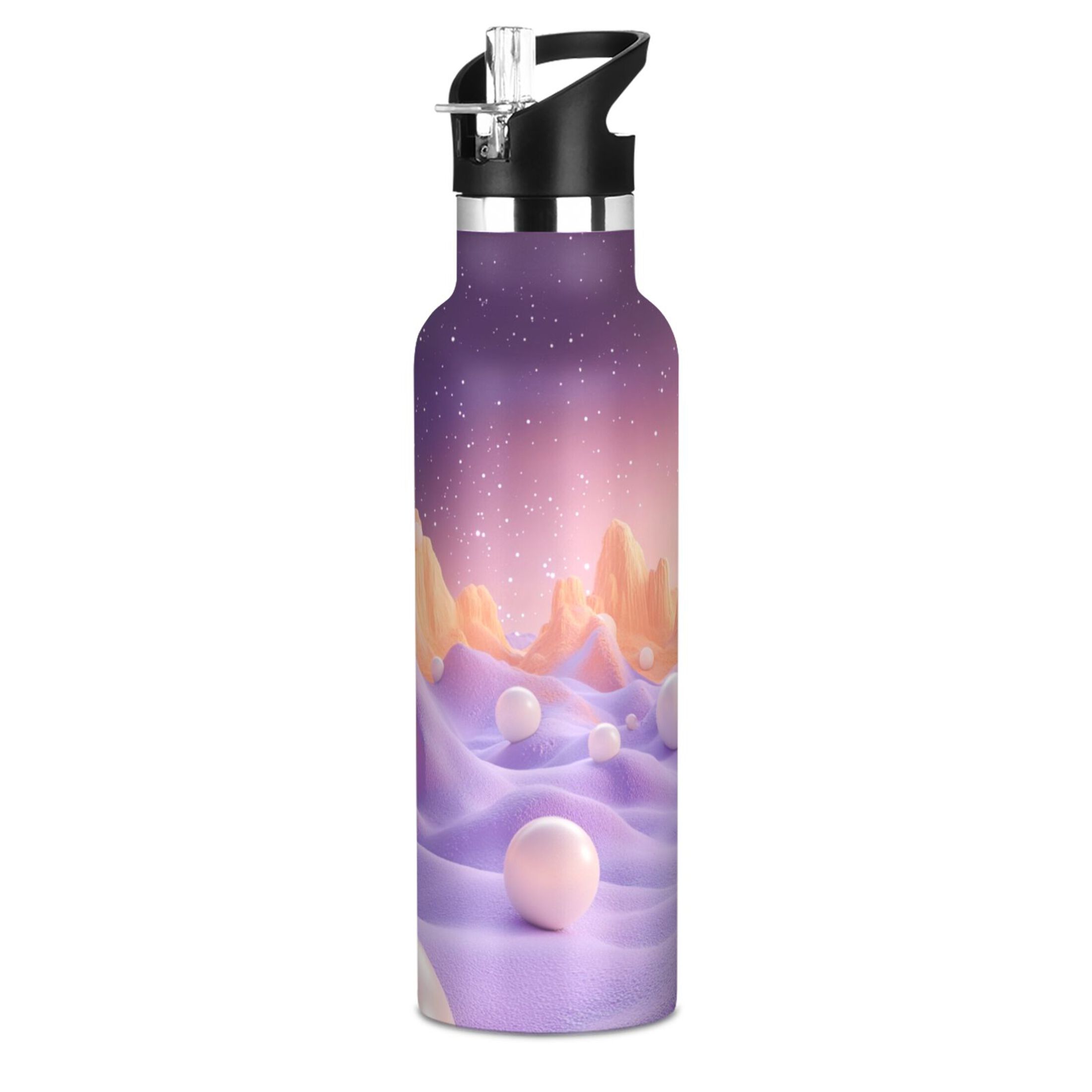 Kids Insulated Stainless Steel Sports Water Bottle 600ml (20oz) Orange Fantasy Mountains