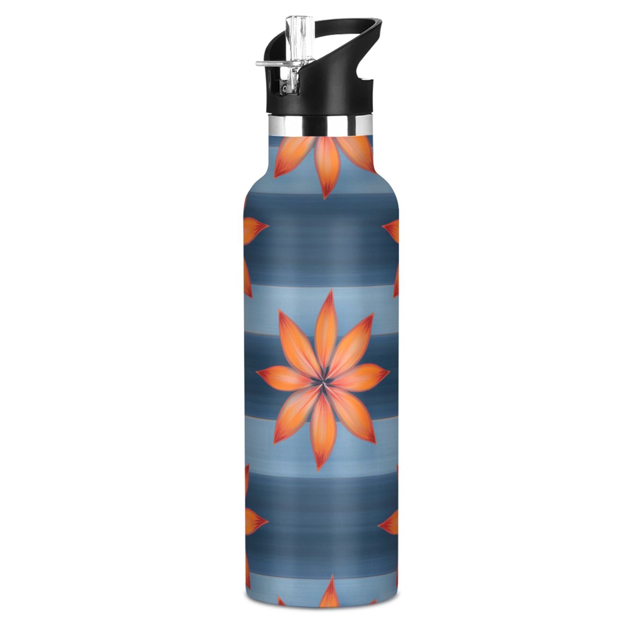 Kids Insulated Stainless Steel Sports Water Bottle 600ml (20oz) Orange Large Flowers