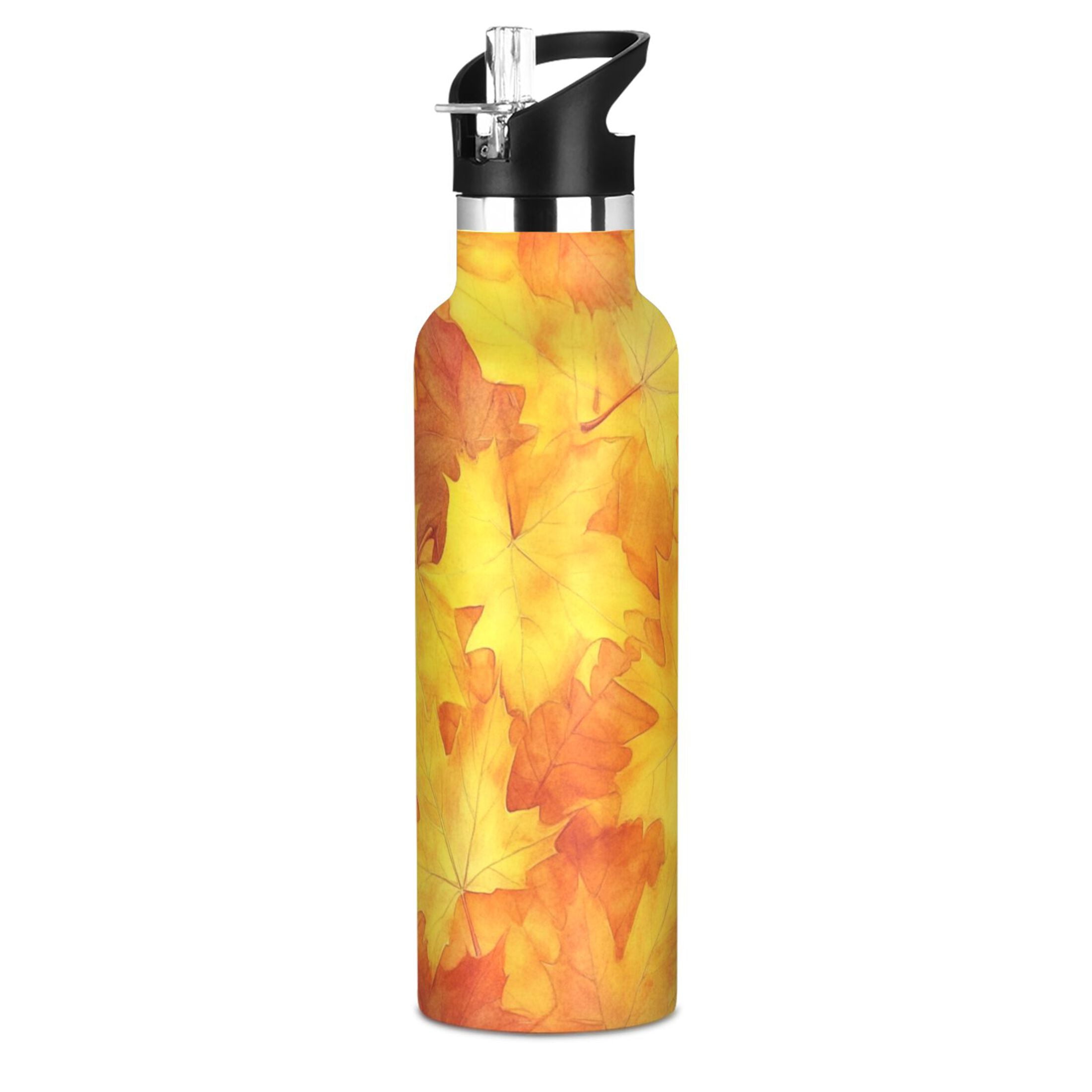 Kids Insulated Stainless Steel Sports Water Bottle 600ml (20oz) Orange Maple Leaves