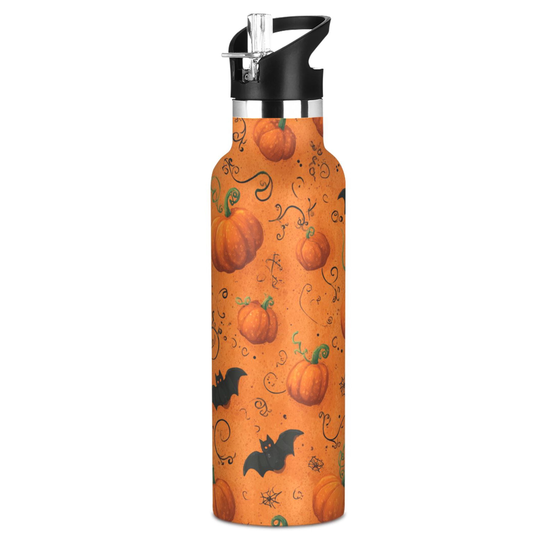 Kids Insulated Stainless Steel Sports Water Bottle 600ml (20oz) Orange Pumpkins and Bats