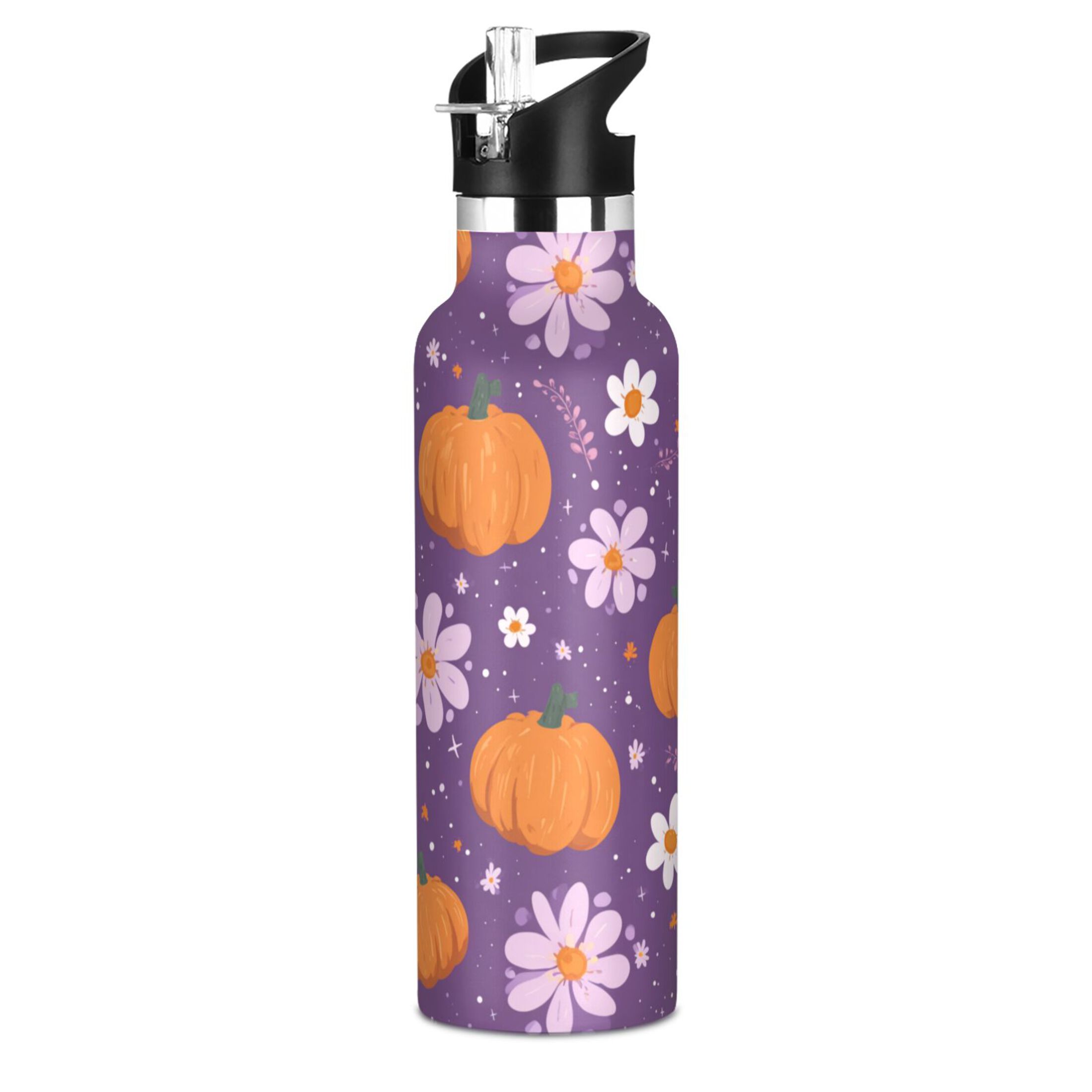 Kids Insulated Stainless Steel Sports Water Bottle 600ml (20oz) Orange Pumpkins and Flowers