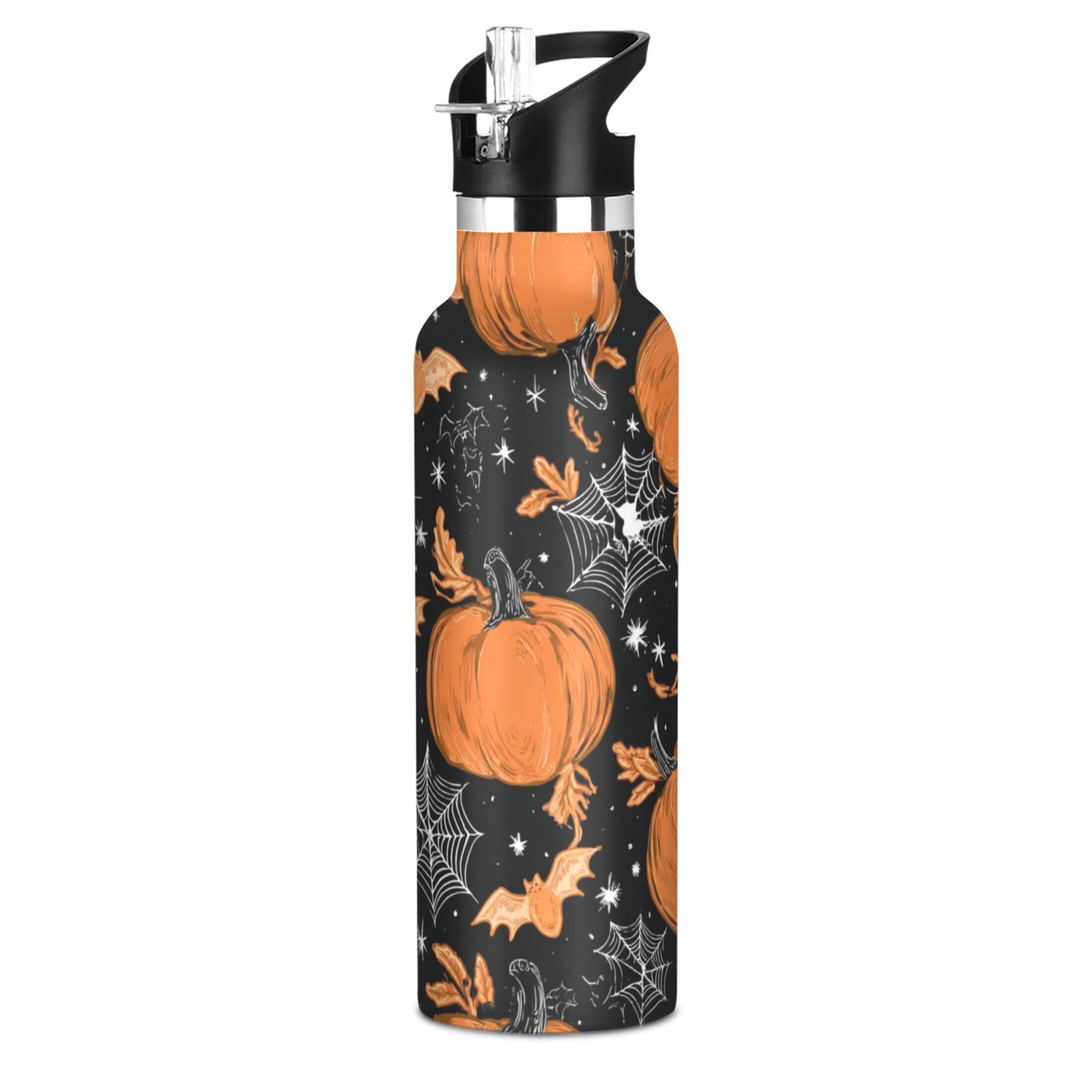 Kids Insulated Stainless Steel Sports Water Bottle 600ml (20oz) Orange Pumpkins and Spider Webs