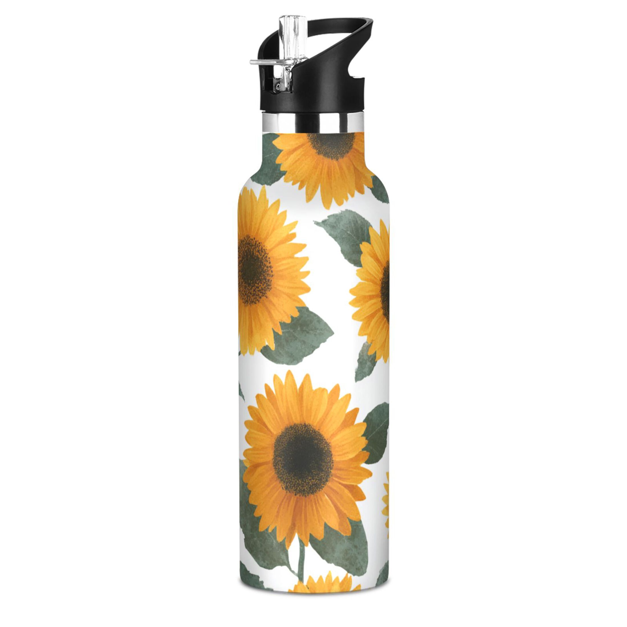 Kids Insulated Stainless Steel Sports Water Bottle 600ml (20oz) Orange Sunflowers