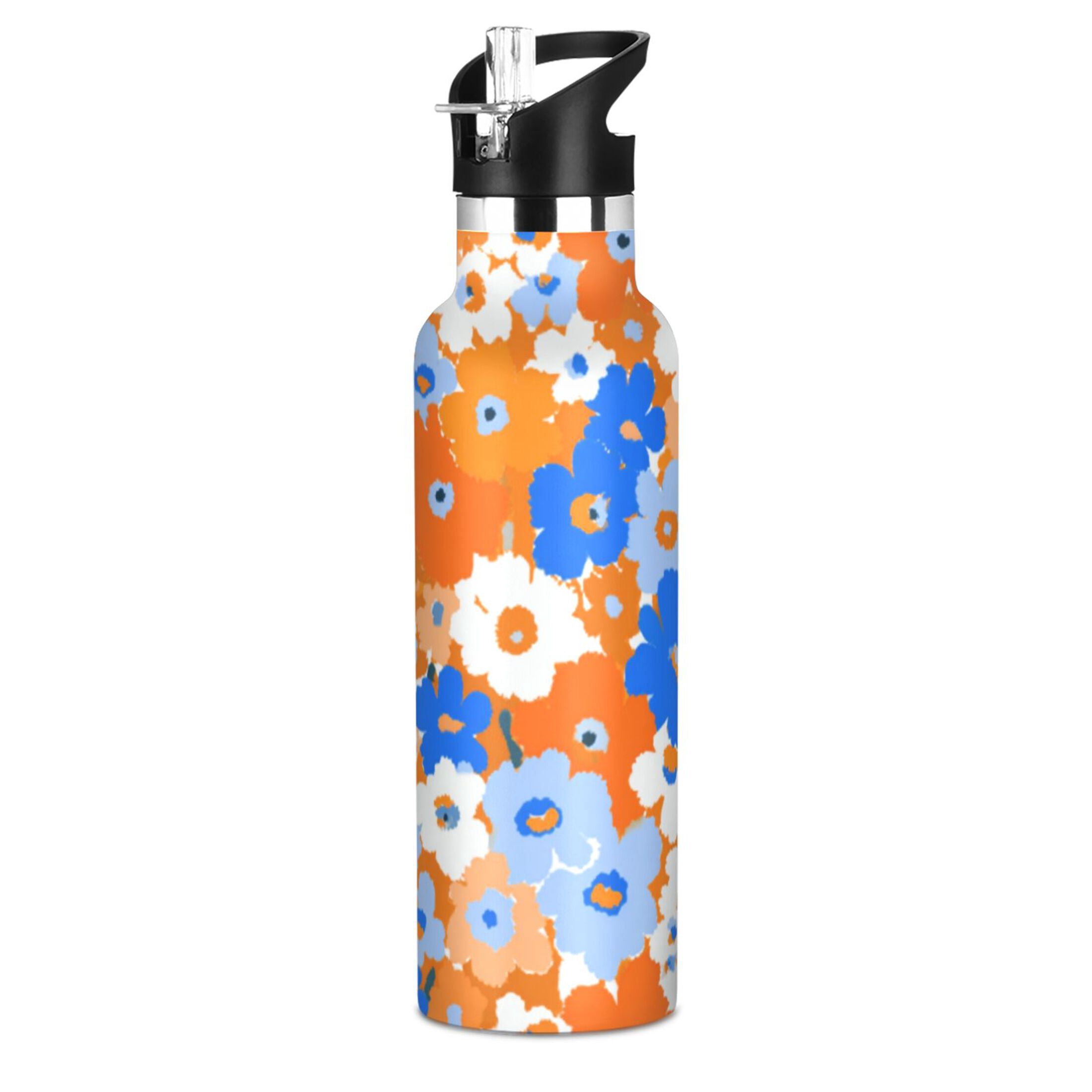 Kids Insulated Stainless Steel Sports Water Bottle 600ml (20oz) Orange and Blue Small Flowers