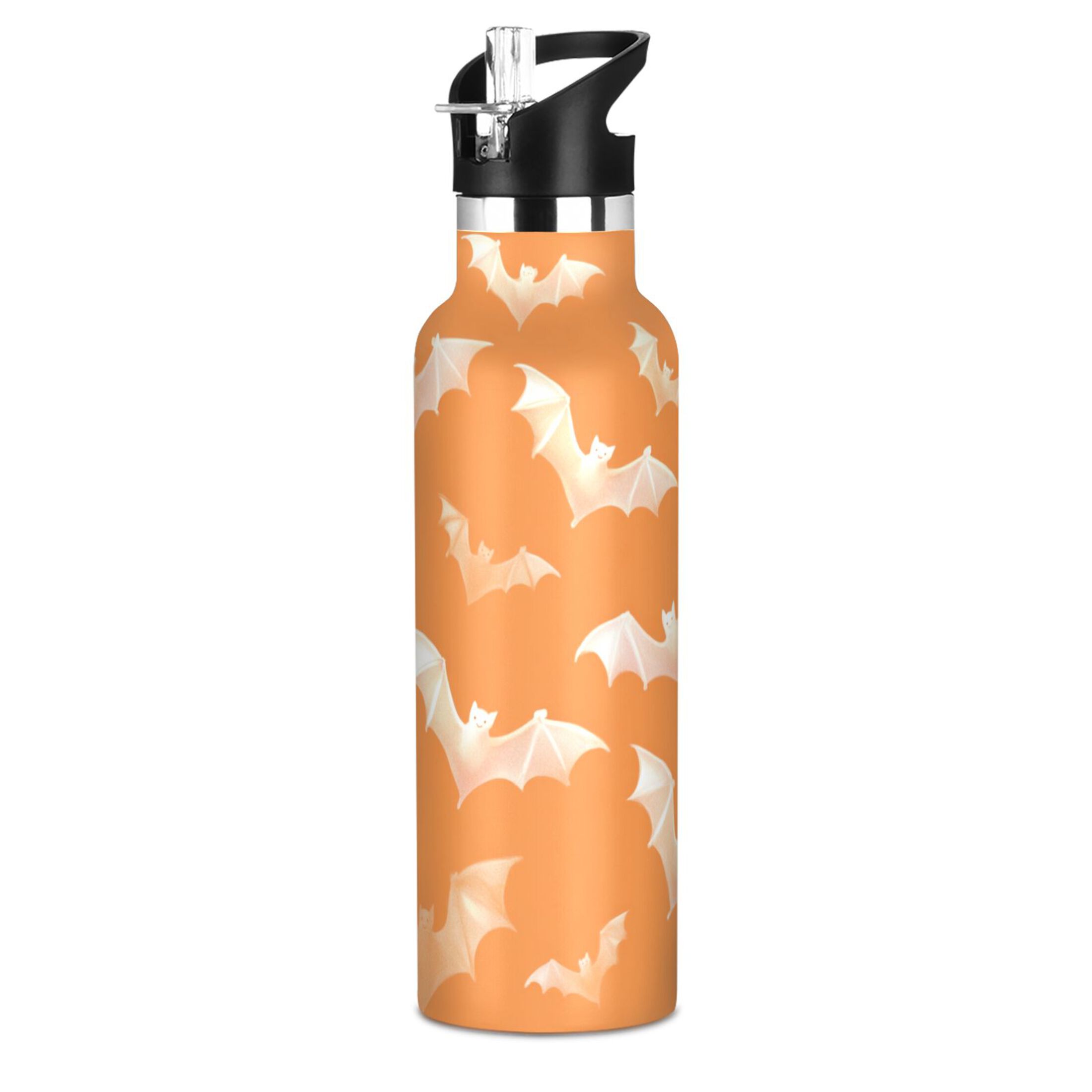 Kids Insulated Stainless Steel Sports Water Bottle 600ml (20oz) Orange and White Bats
