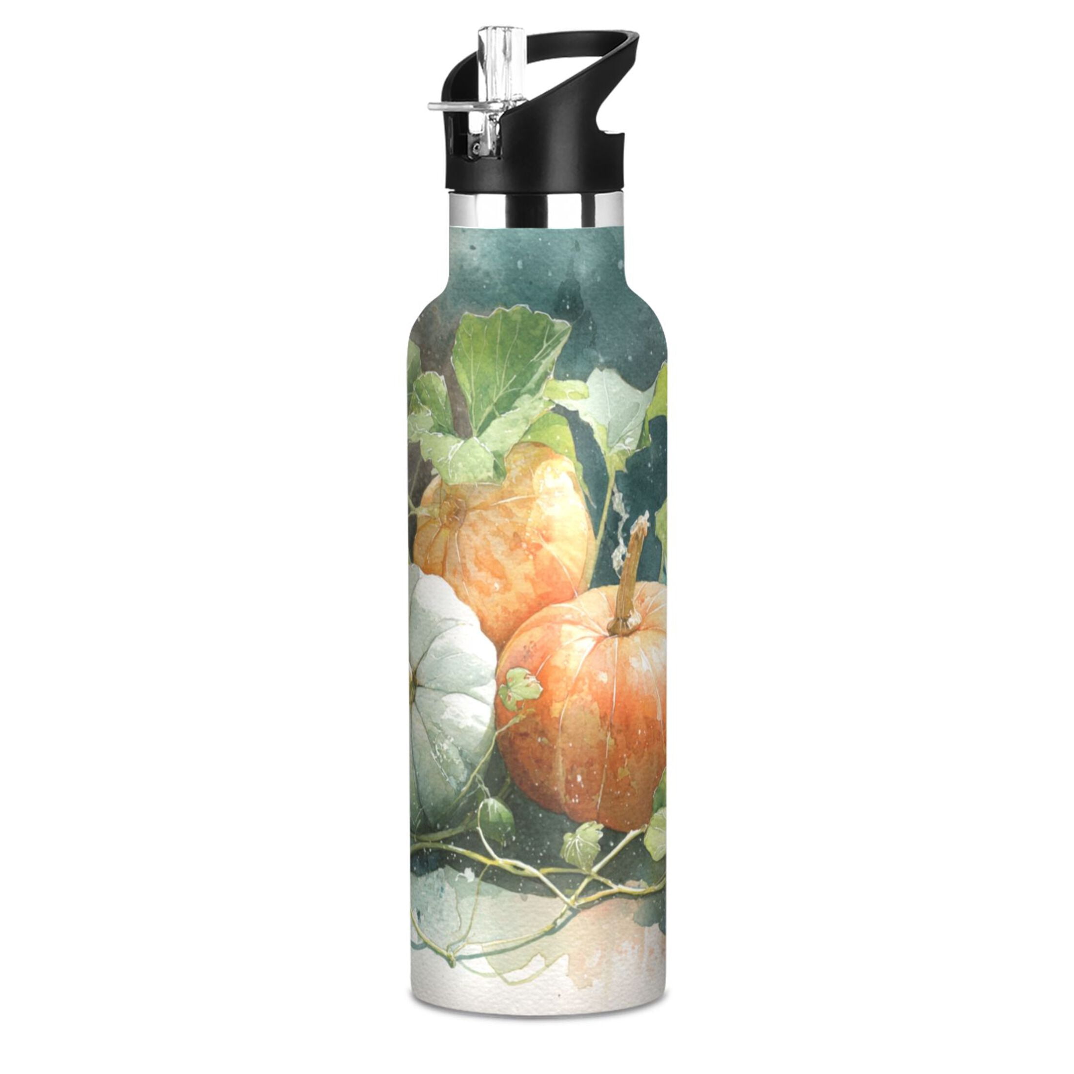 Kids Insulated Stainless Steel Sports Water Bottle 600ml (20oz) Orange and White Pumpkins