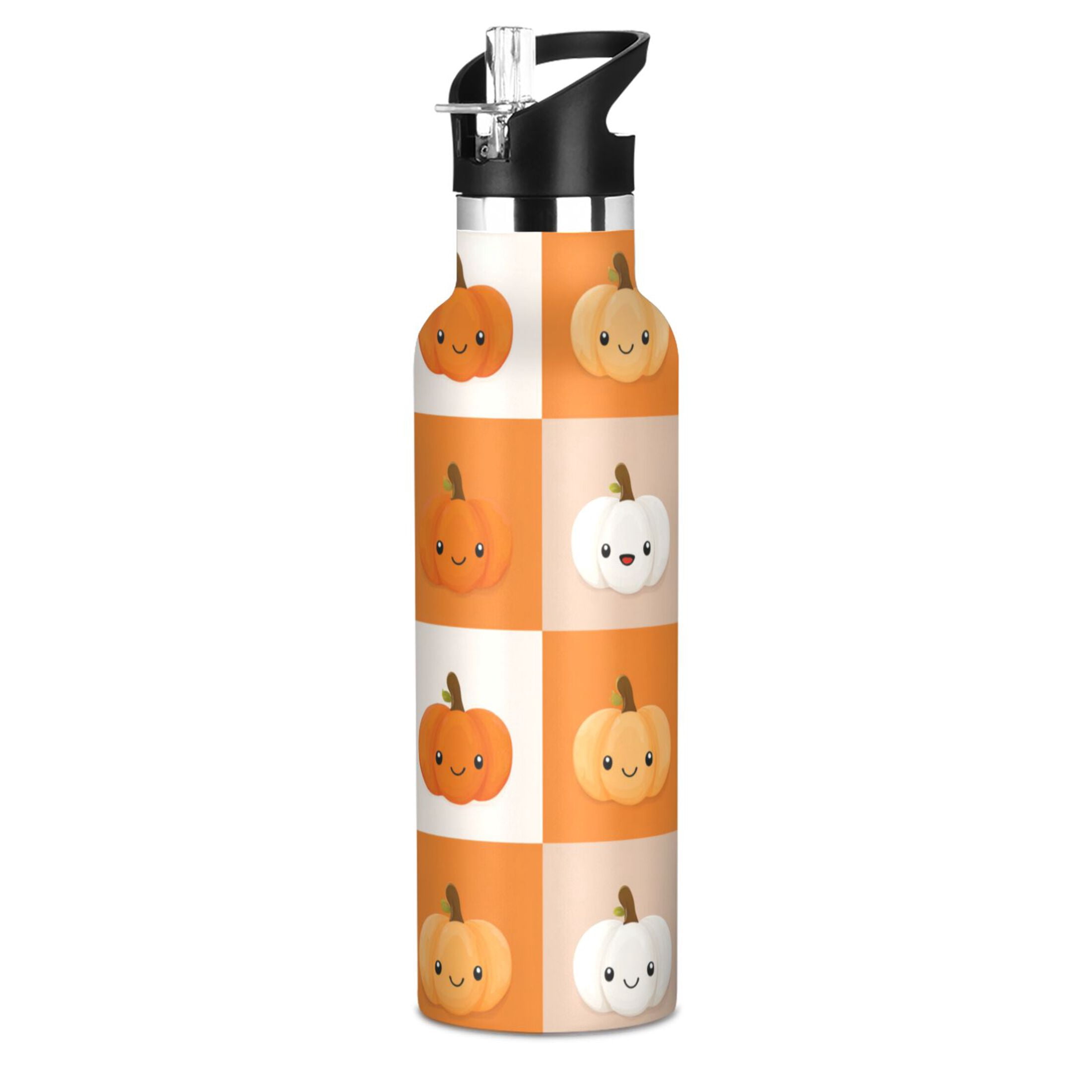 Kids Insulated Stainless Steel Sports Water Bottle 600ml (20oz) Orange and White Squares