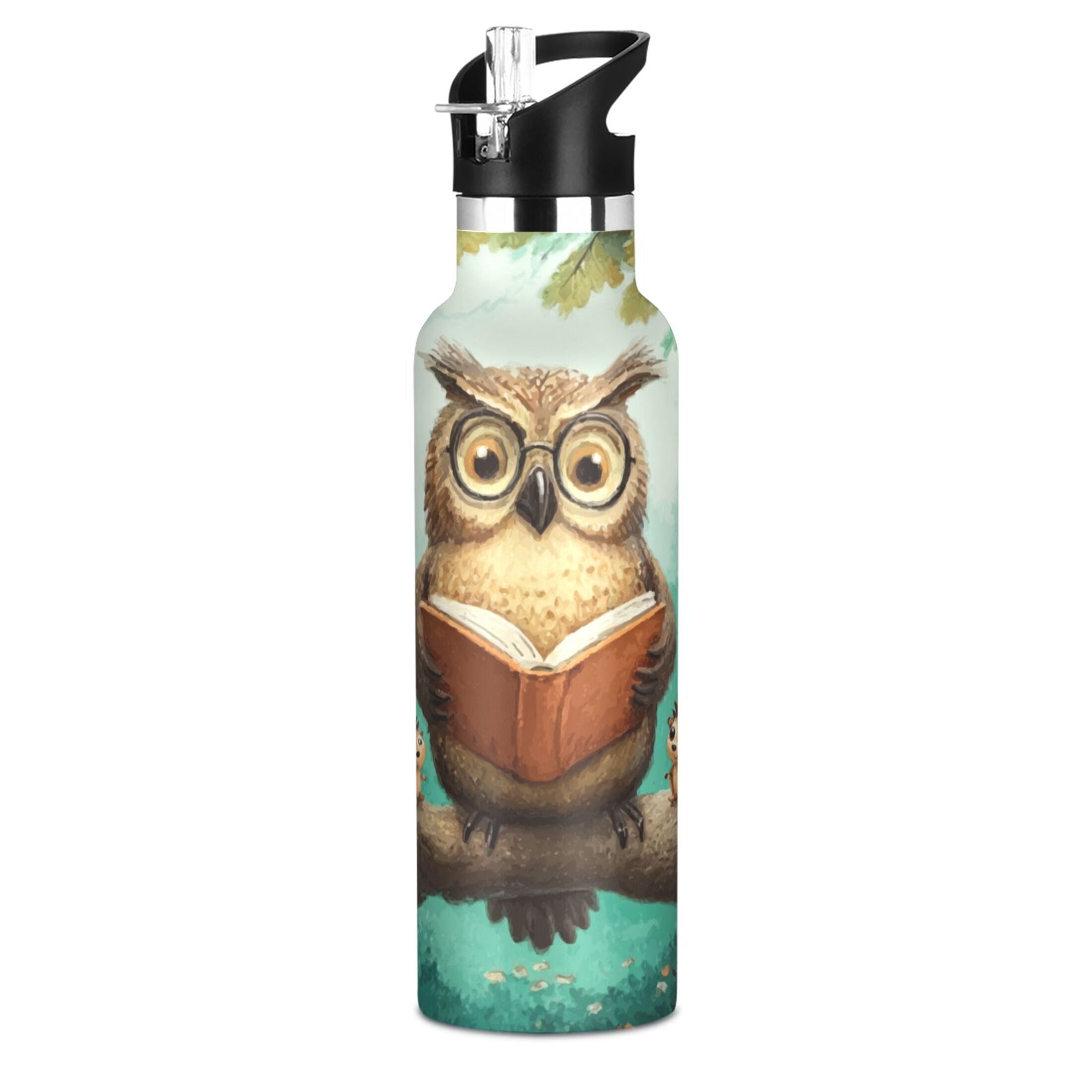 Kids Insulated Stainless Steel Sports Water Bottle 600ml (20oz) Owl Wearing Glasses