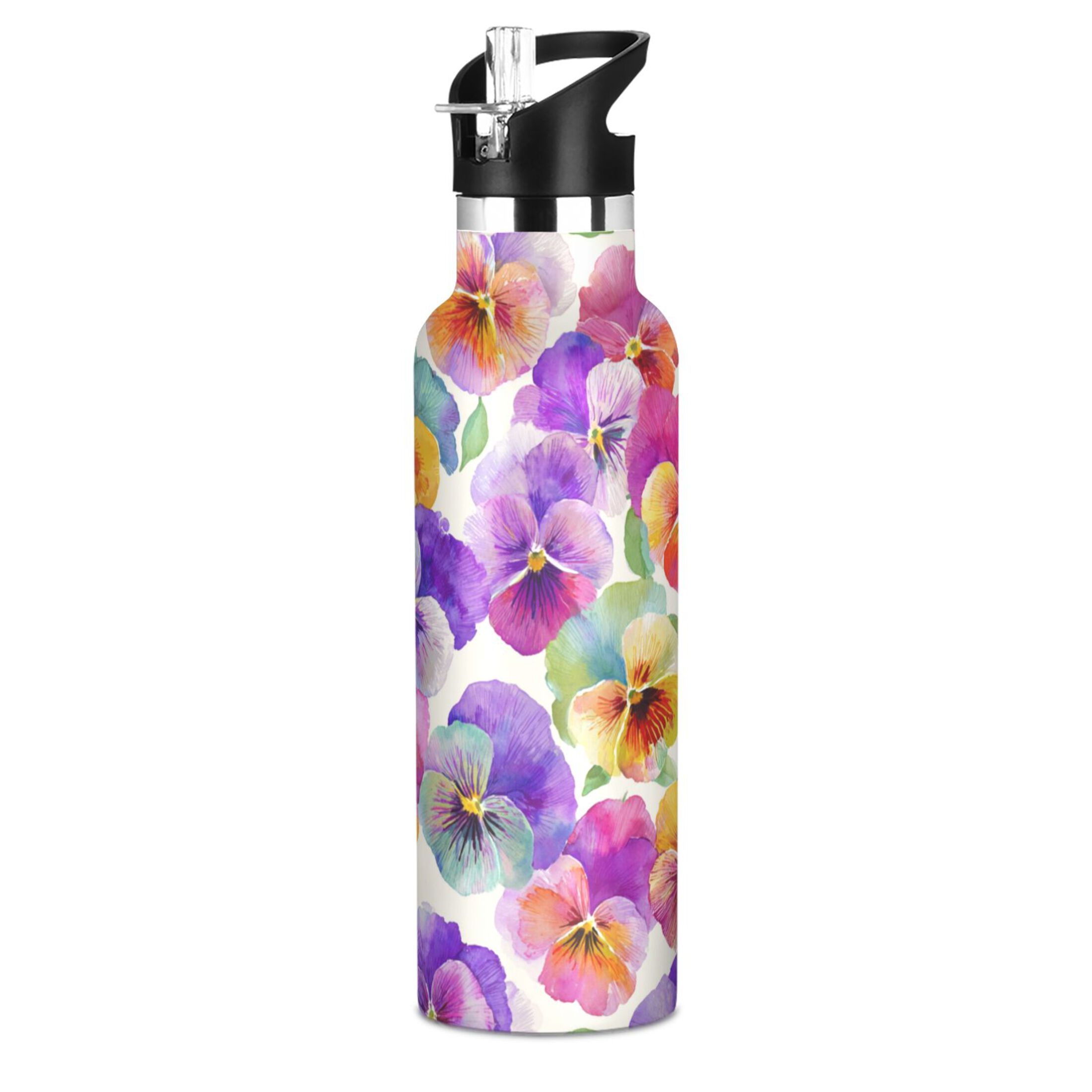 Kids Insulated Stainless Steel Sports Water Bottle 600ml (20oz) Pansy Pattern